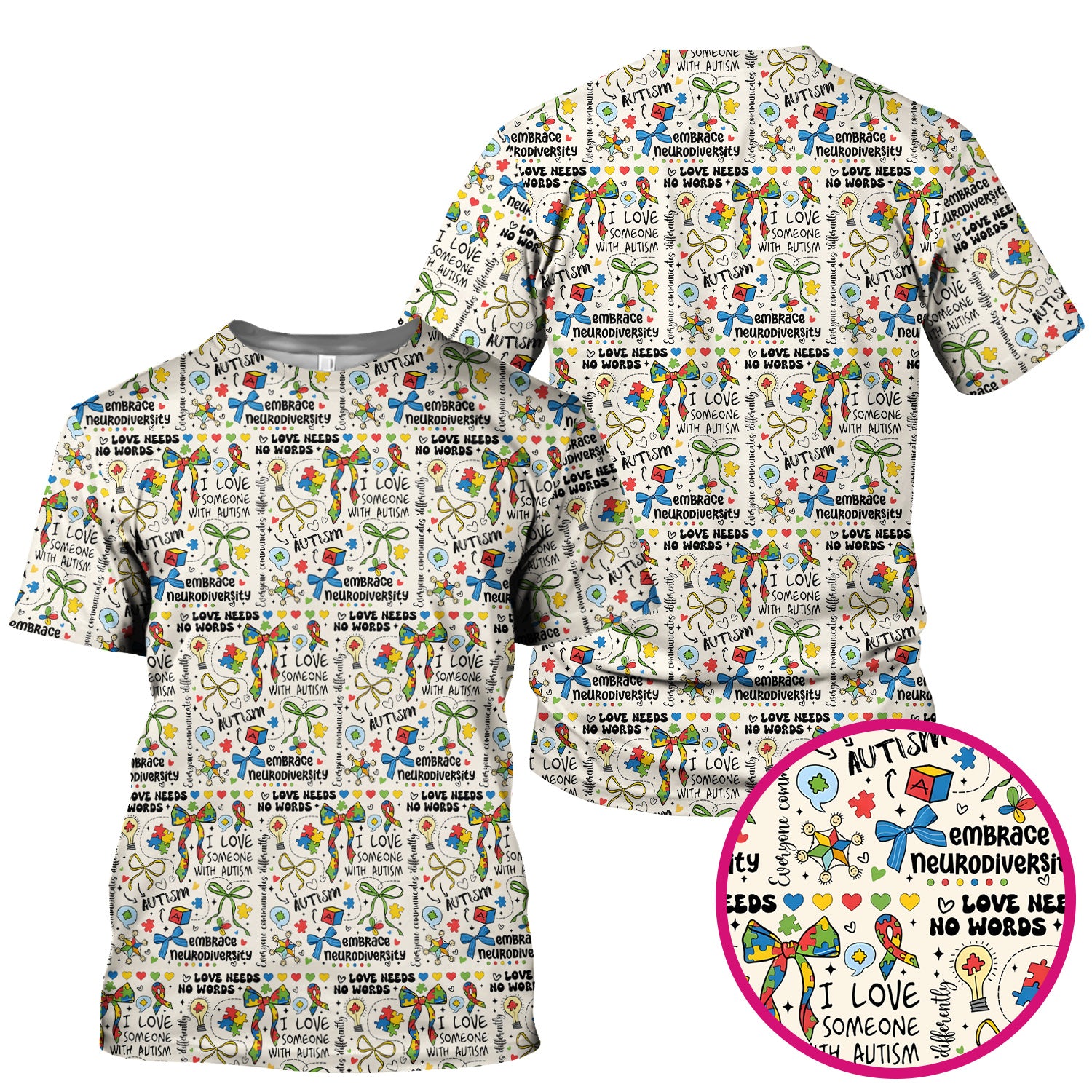 Autism Awareness Puzzle Ribbon Pattern Scrub Top, Breathable Fabrics Nursing Uniform