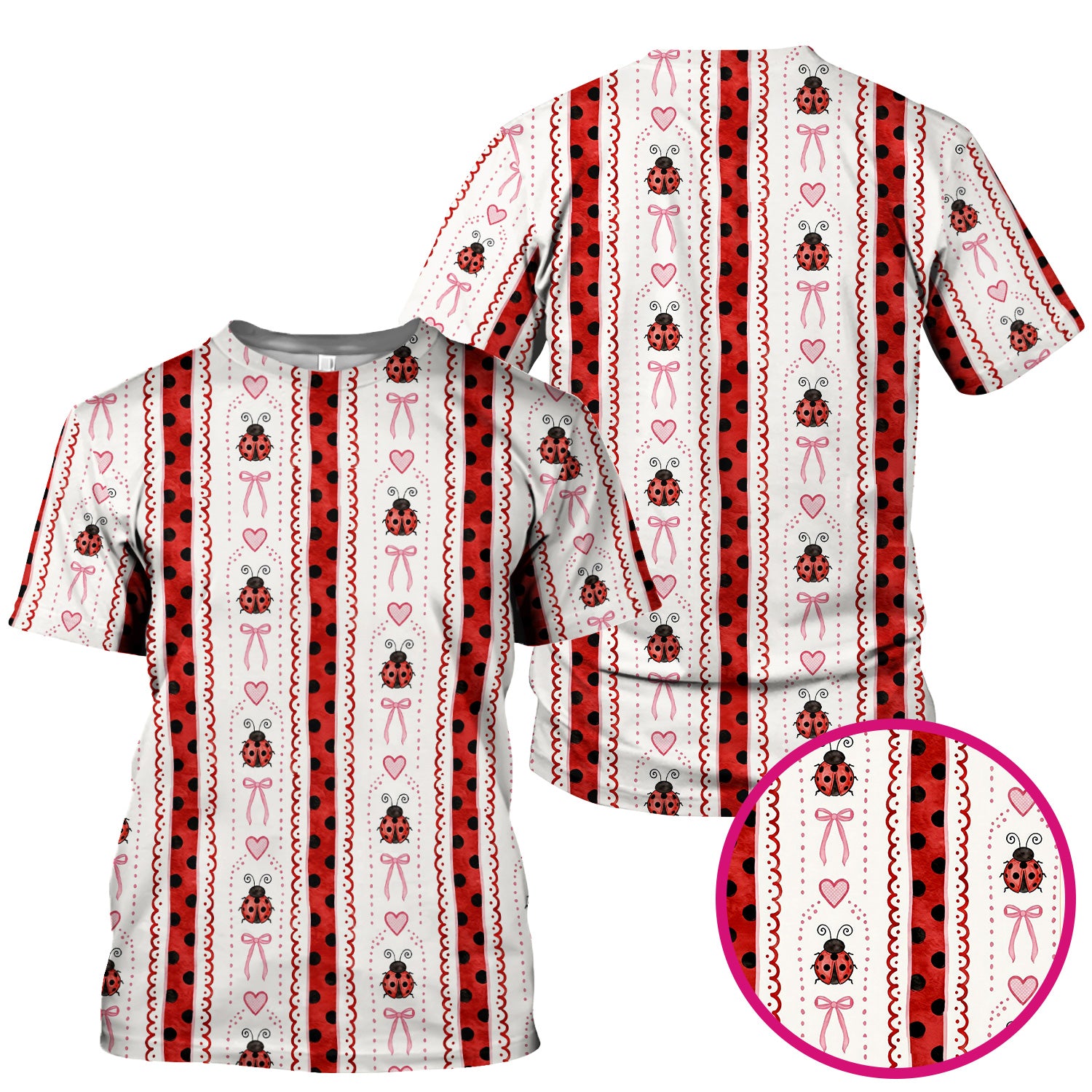 Cute Ladybug Heart Bow Stripe Pattern Scrub Top, Red Polka Dot Nurse Uniform