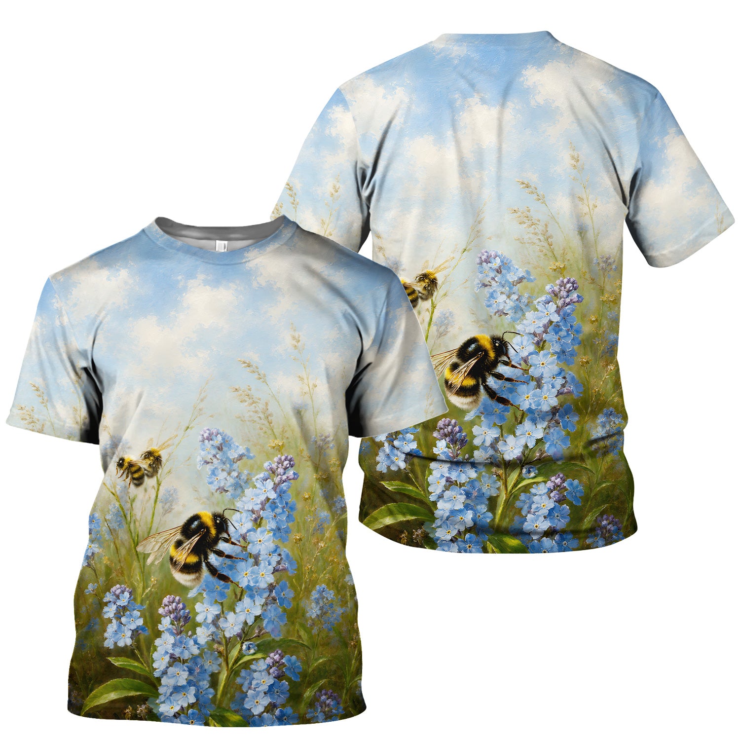 Whimsical Bumblebee Blue Blossom Pattern Scrub Top, Comfortable Scrubs for Nurses