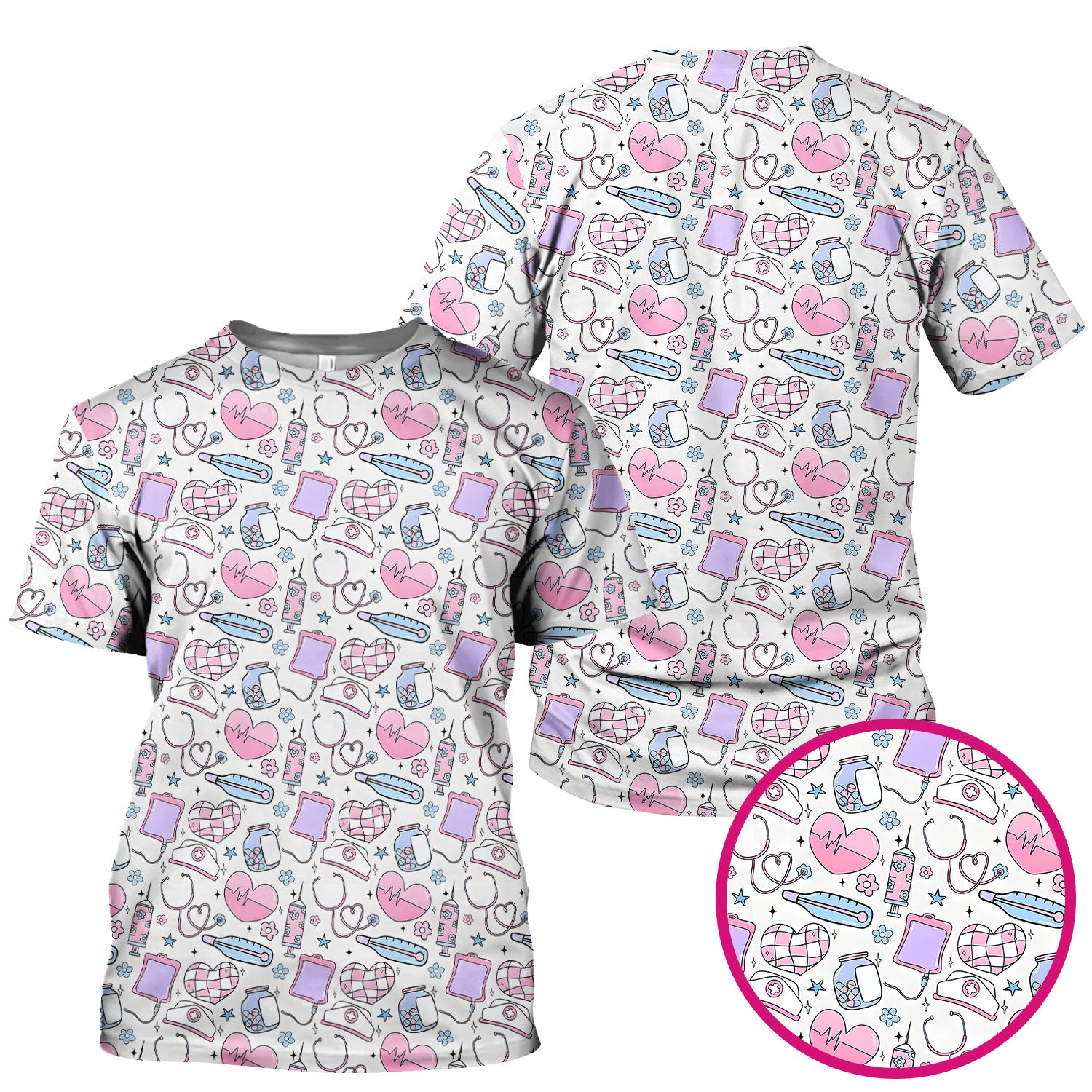 Cute Pastel Medical Icons Pattern Scrub Top, Comfortable Scrubs for Nurses