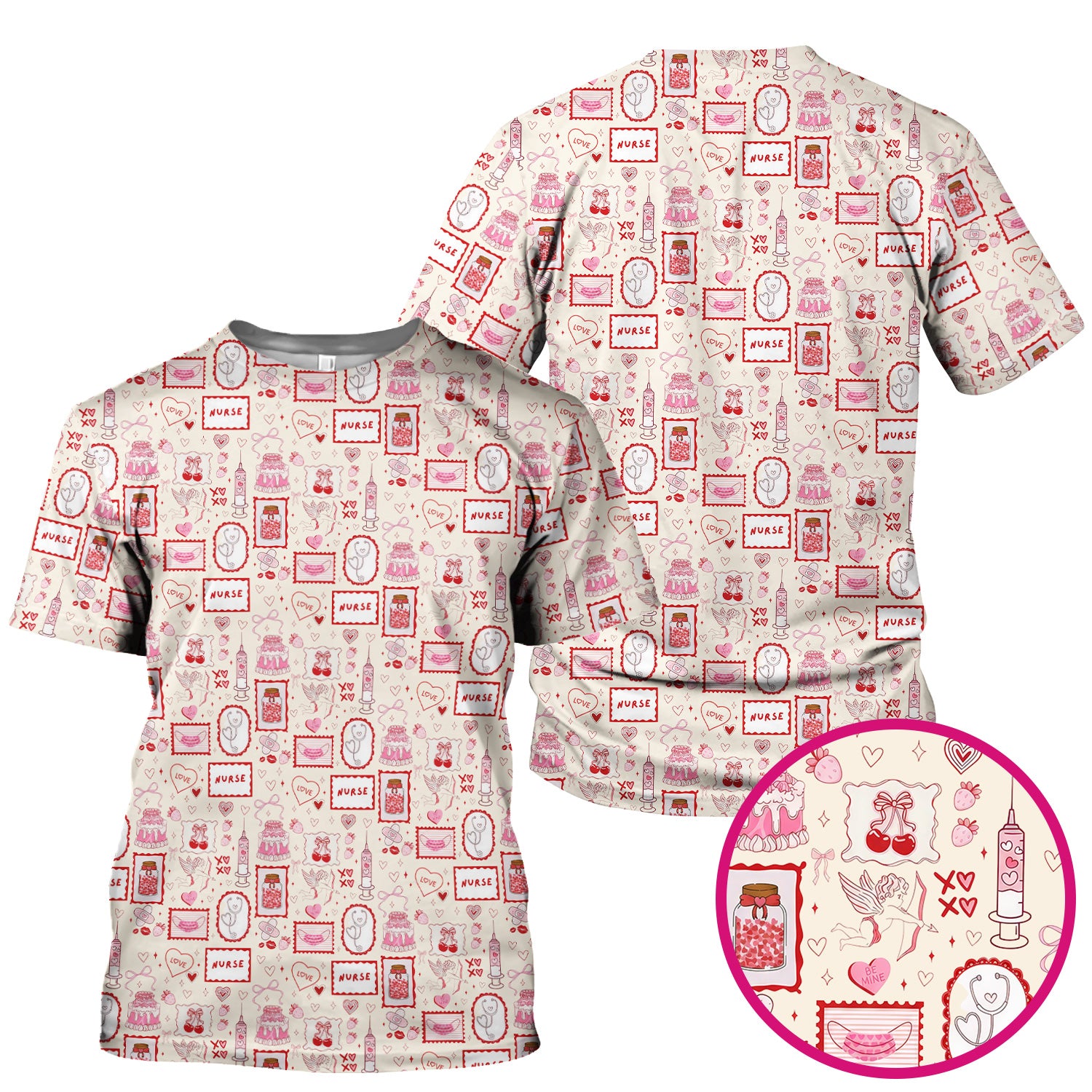 Nurse Icons Hearts Syringes Valentine Scrub Top, Breathable Nursing Uniform