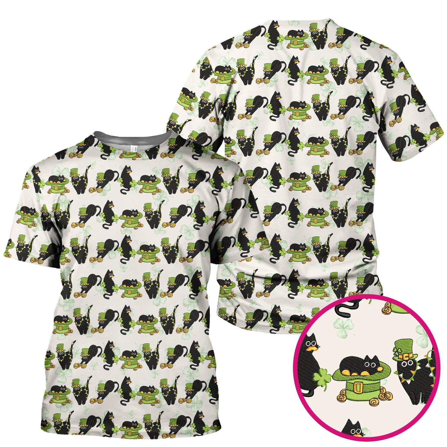 St. Patrick Black Cat Clover Print Nurse Scrub Top, Comfortable Scrubs for Nurses