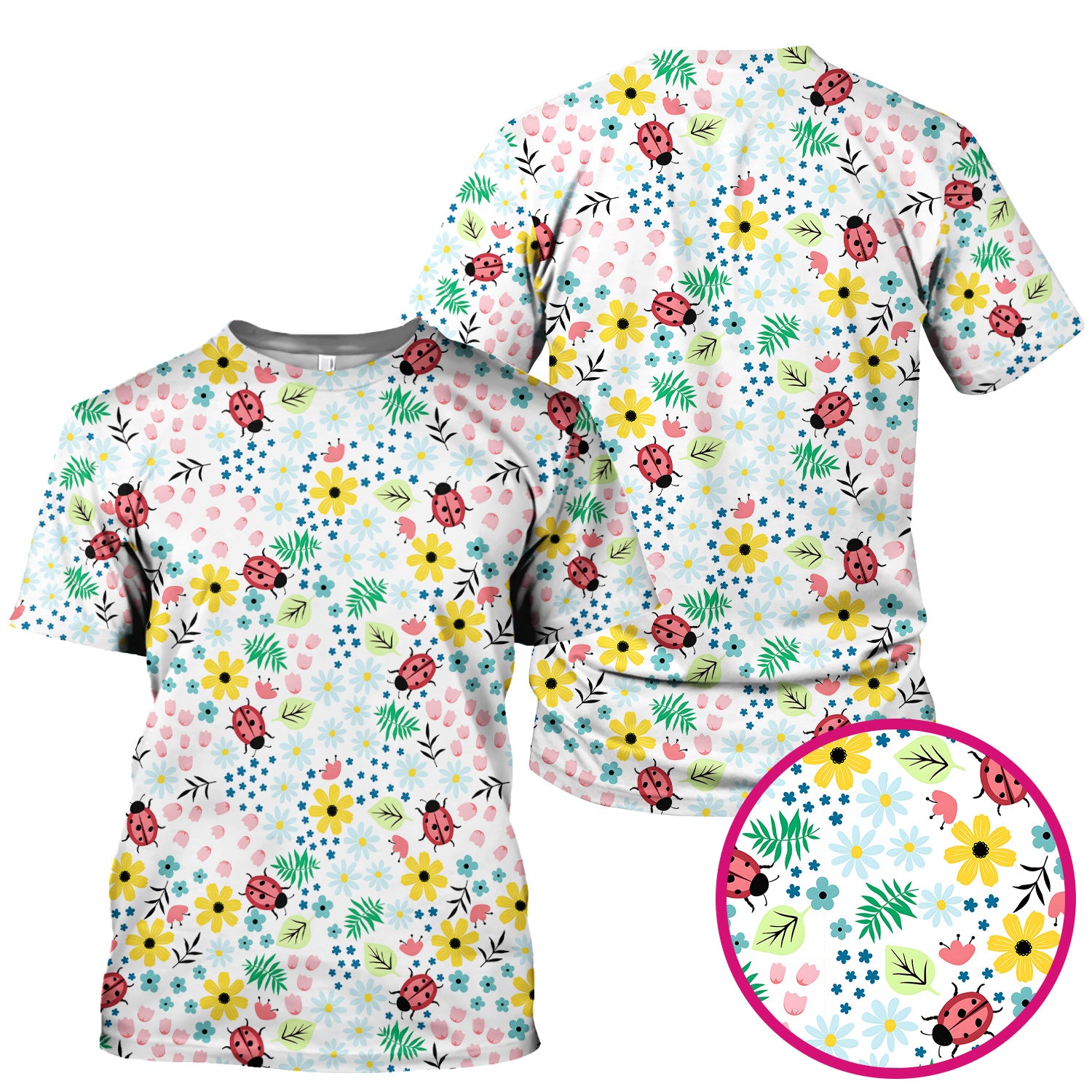 Cute Ladybug Floral Garden Print Scrub Top, Comfortable Scrubs for Nurses