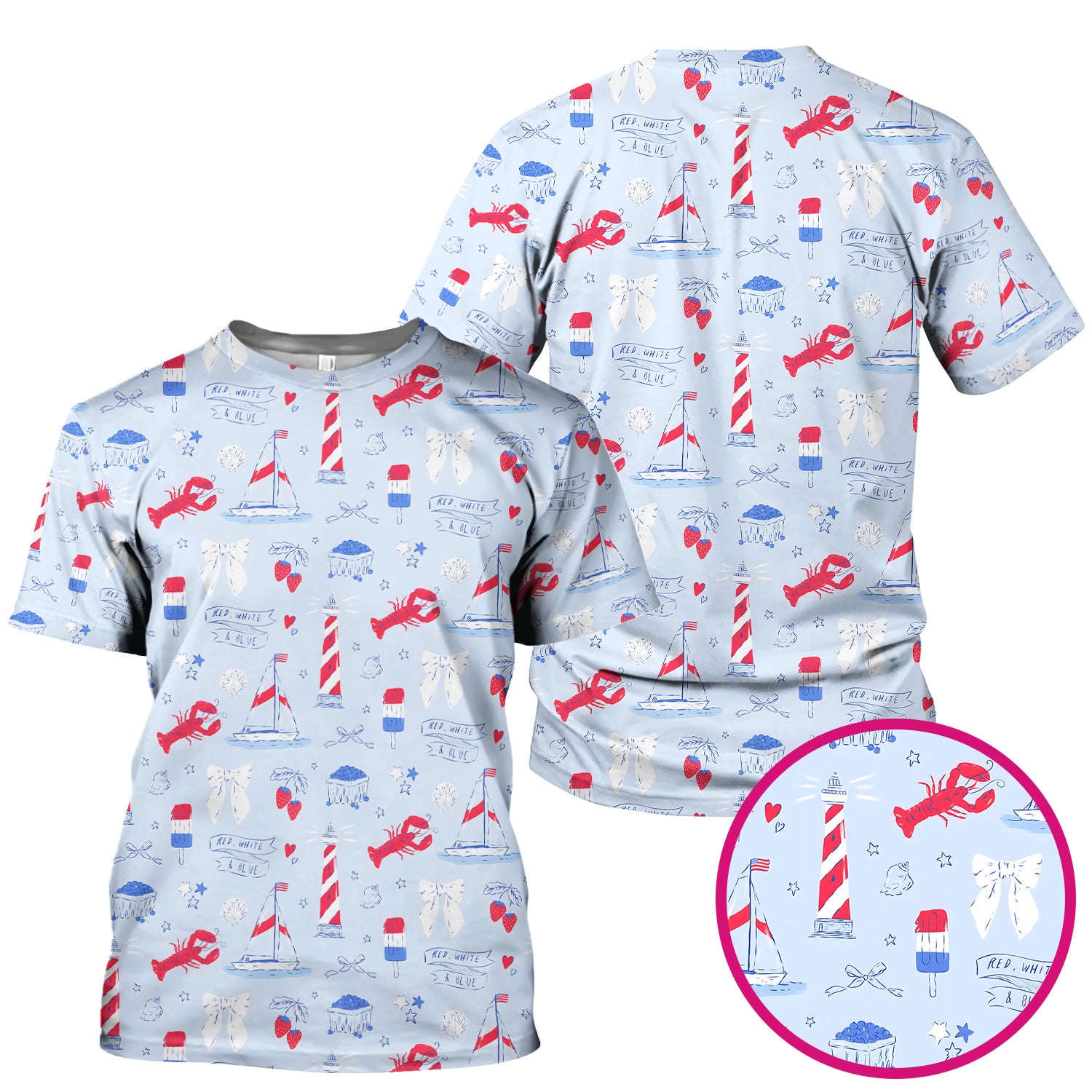 Lobster Lighthouse Sailboat Pattern Scrub Top, Comfortable Scrubs for Nurses
