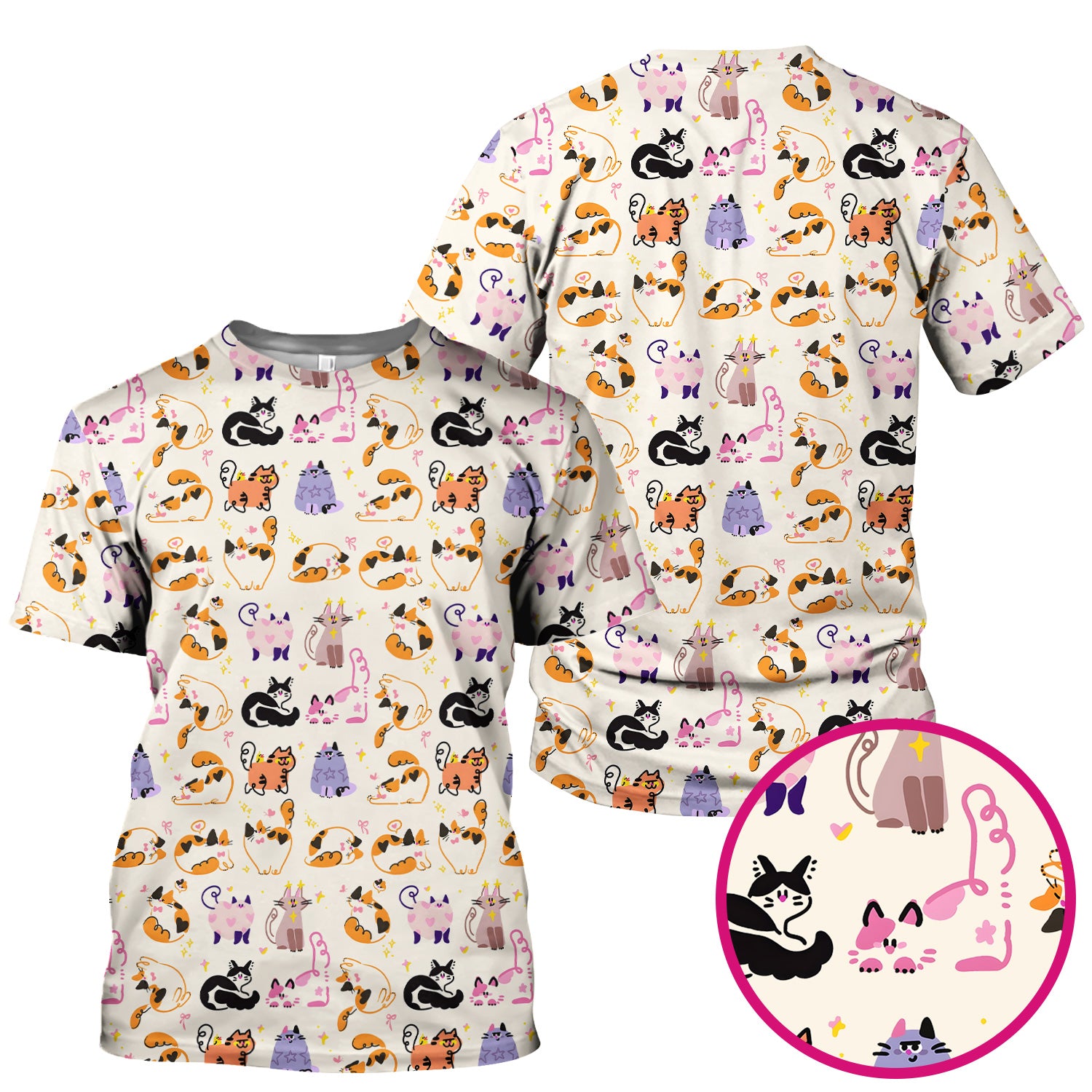 Funny Cat Pattern Scrub Top, Cute Cats Nursing Uniform For Women