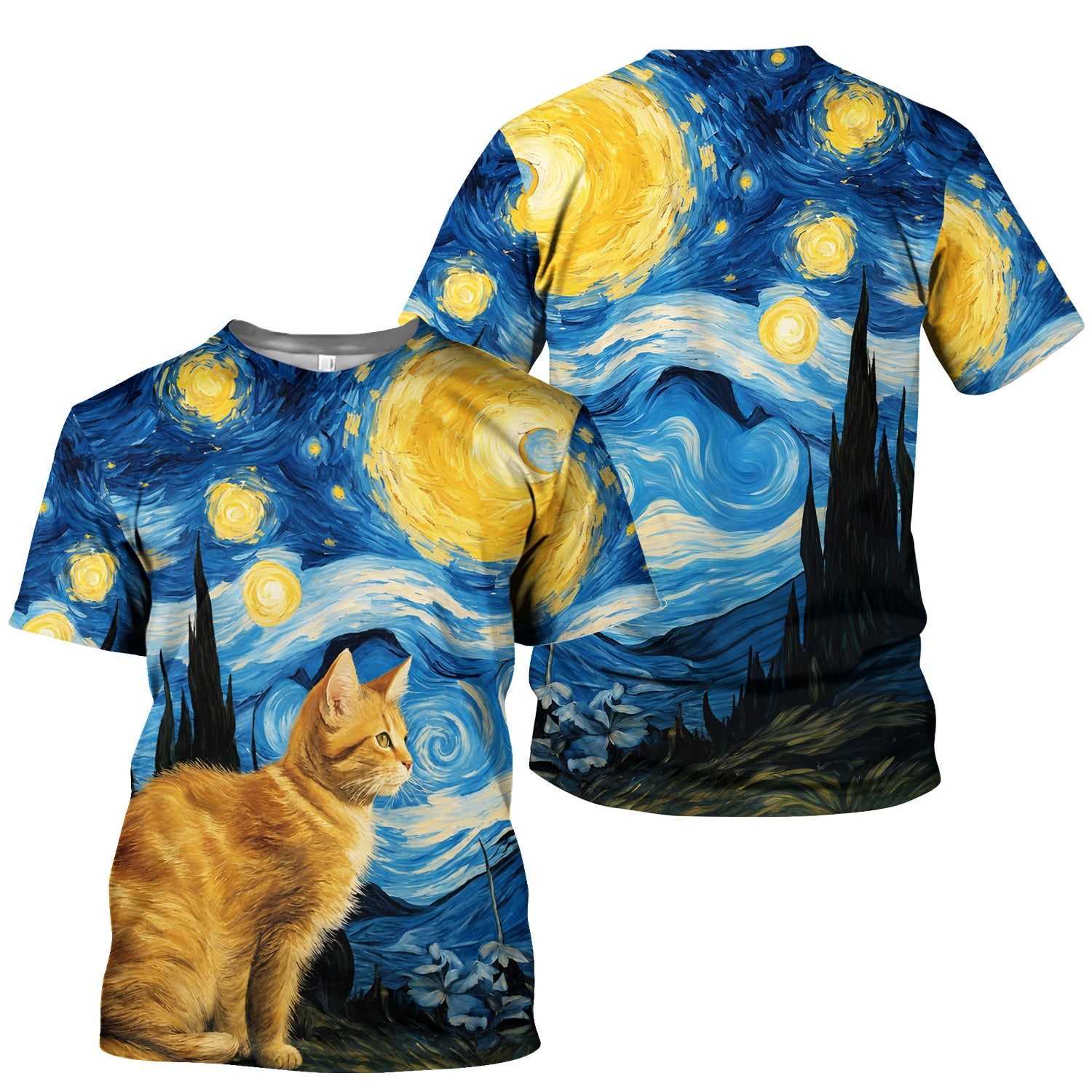 Swirling Moonlit Cat Scene Print Scrub Top, Comfortable Scrubs for Nurses