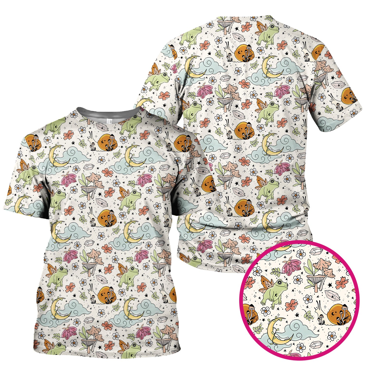 Whimsical Frog Moon Mushroom Pattern Scrub Top, Fantasy Nature Print, Breathable Fabrics Nursing Uniform