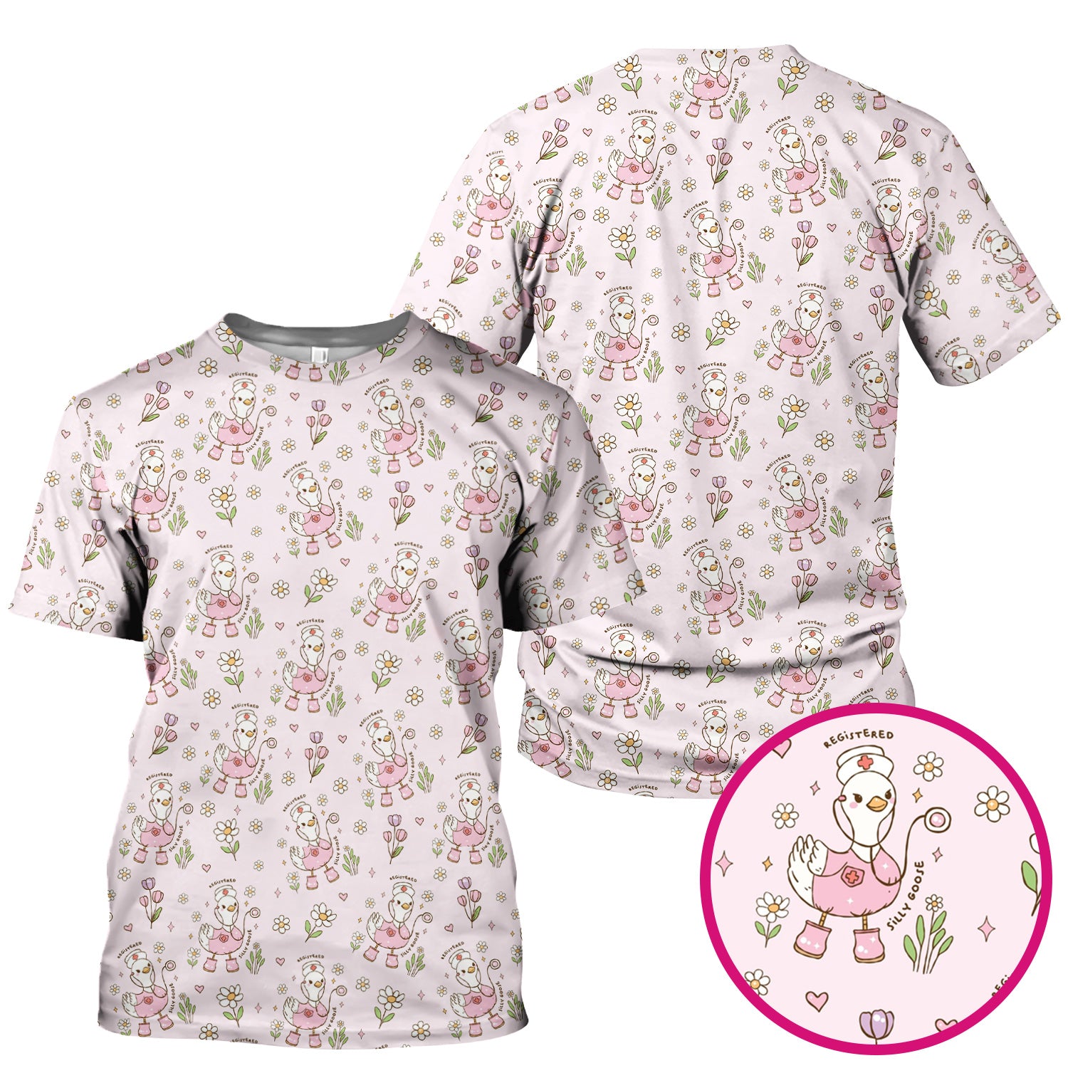 Funny Nurse Goose Daisy Print Scrub Top, Breathable Fabrics Nursing Uniform