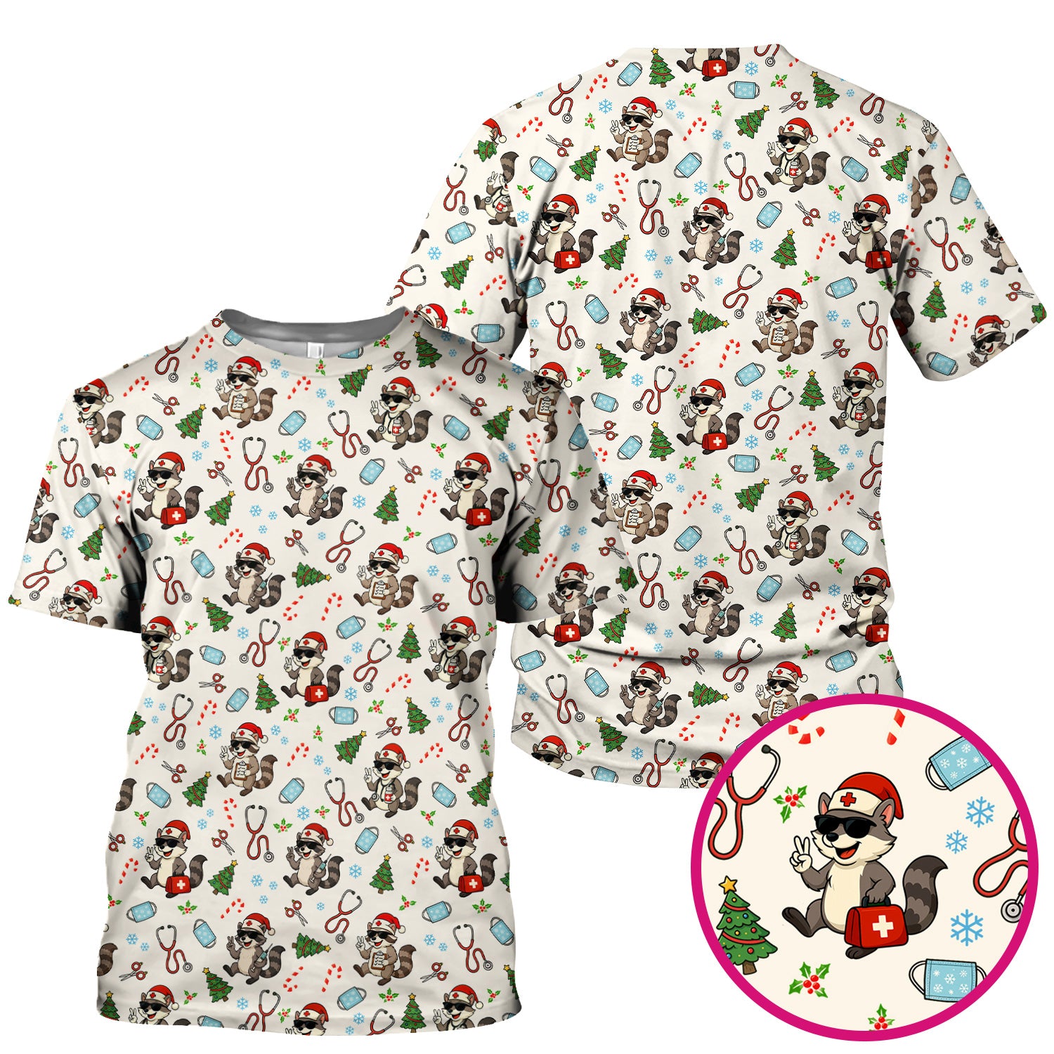 Christmas Scrub Top for Nurses - Funny Raccoon and Medical Tools Pattern - Festive Holiday Nurse Scrubs Shirt Gift for Women RN LPN CNA