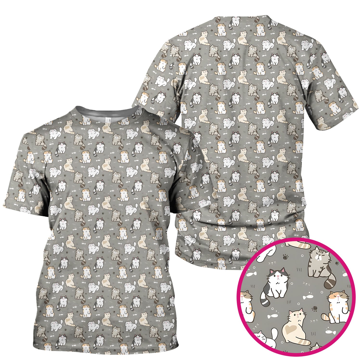 Pastel Cat Scrub Top, Cute Cat Pattern Nurse Shirt, Breathable Fabrics Nursing Uniform