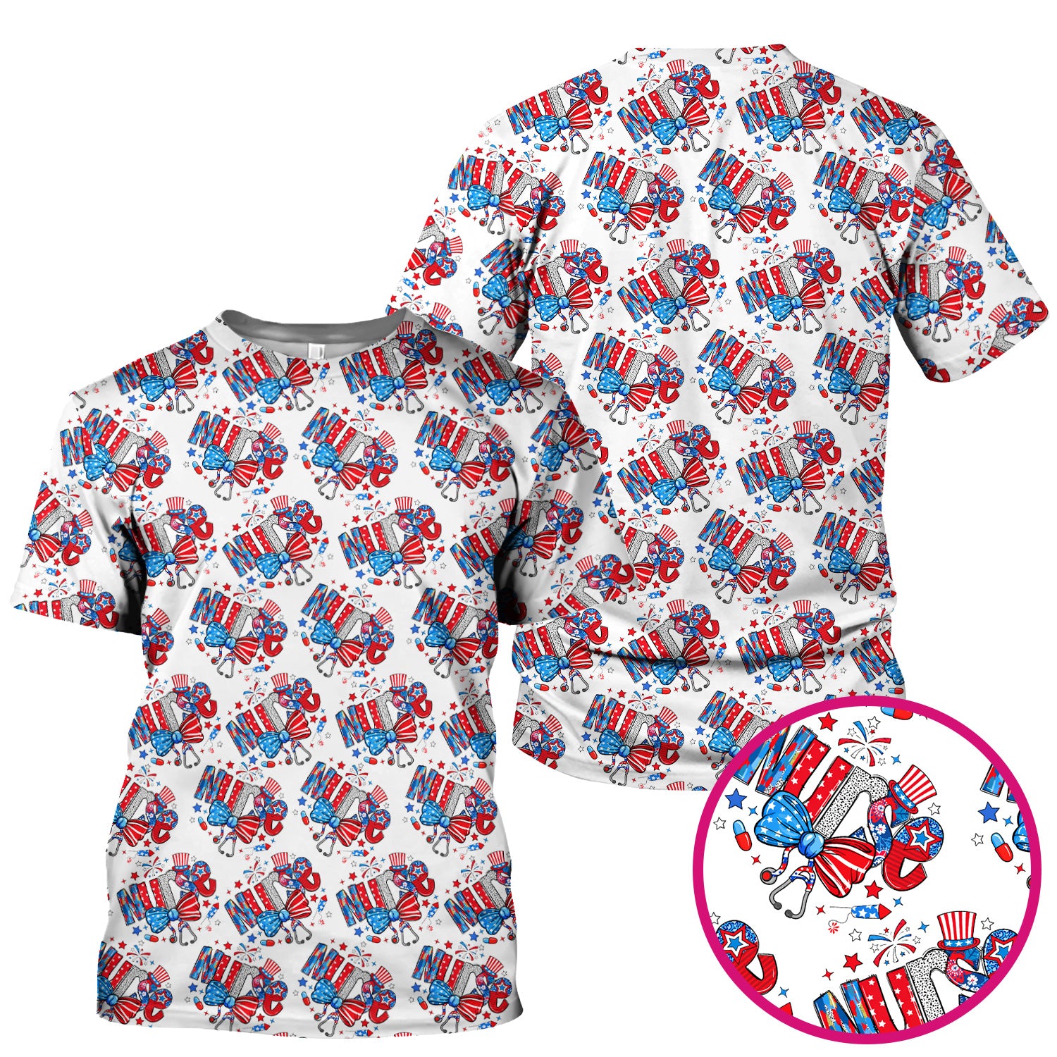 USA Nurse Stethoscope Patriotic Bow Hat Pattern Scrubs Top, Comfortable Scrubs for Nurses
