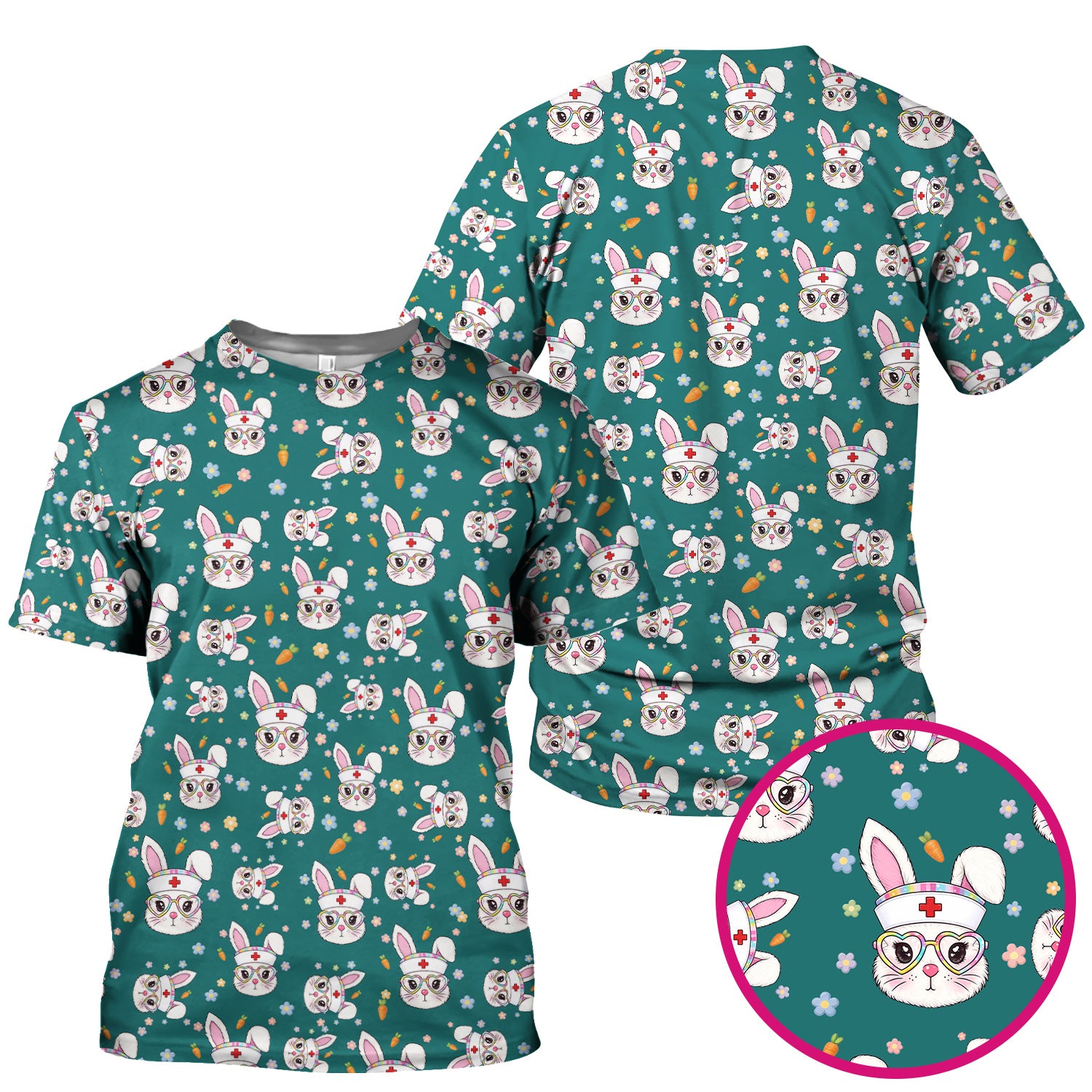 Cute Easter Bunny Nurse Pattern Scrub Top, Breathable Fabrics Nursing Uniform
