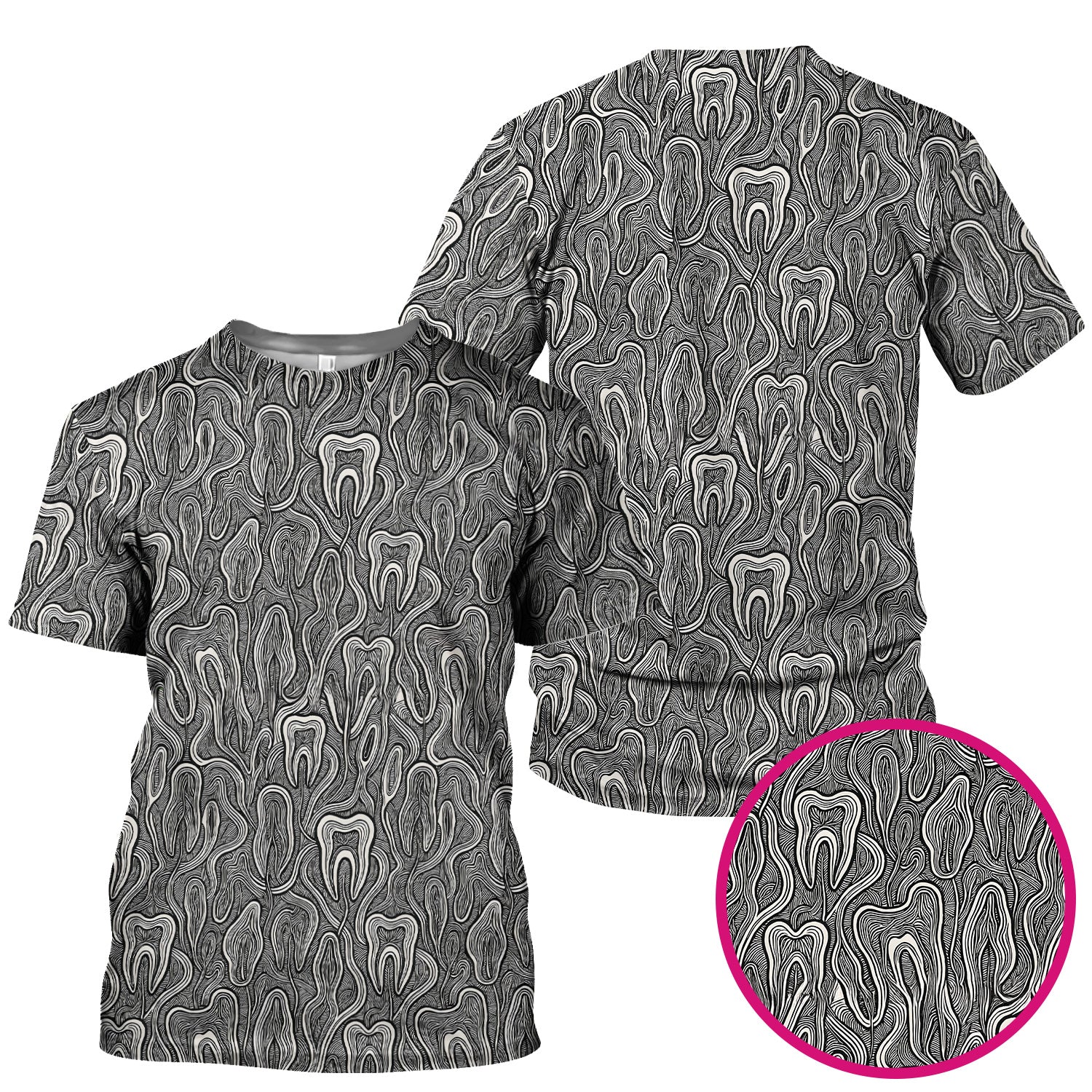 Dental Tooth Line Art Pattern Scrub Top, Breathable Fabrics Nursing Uniform