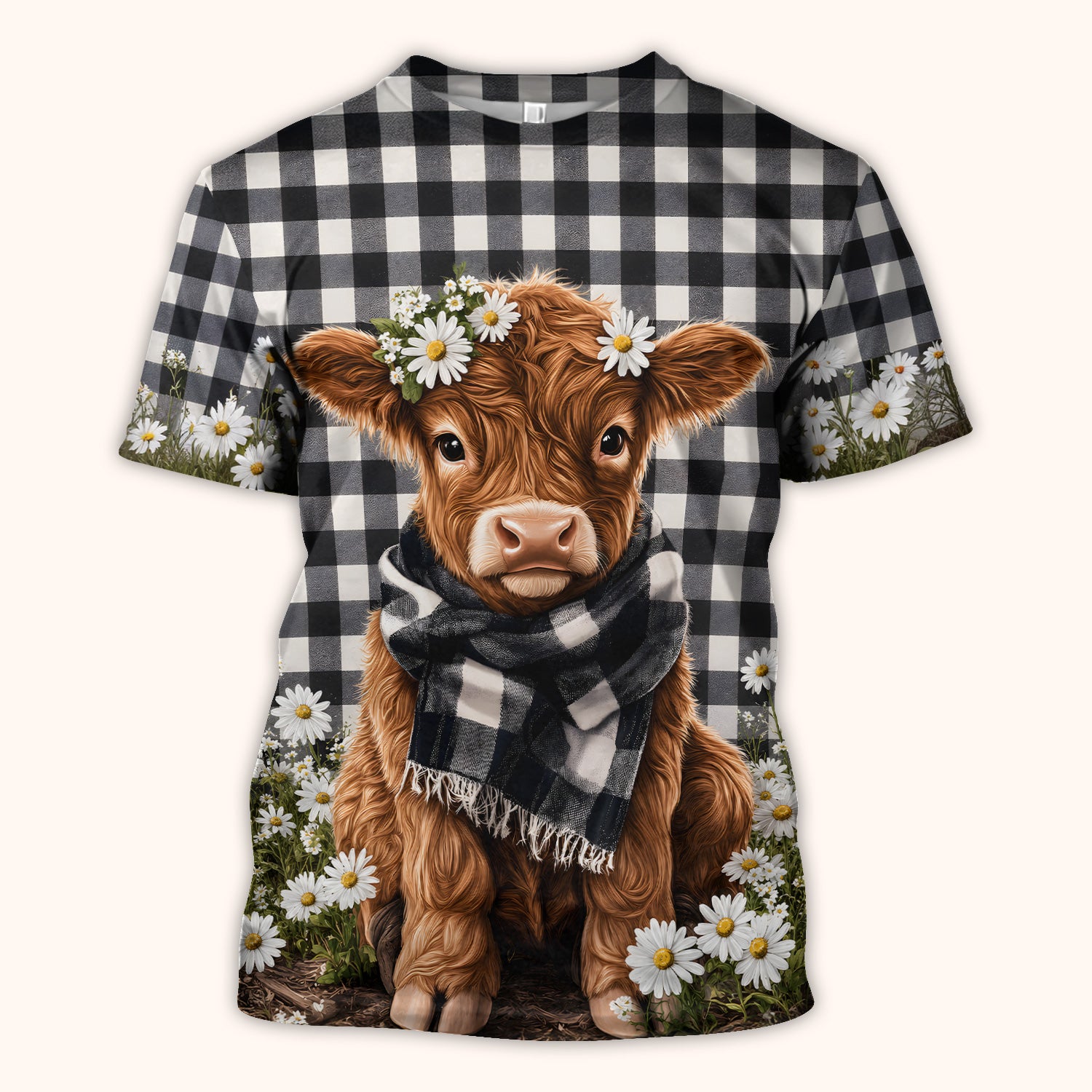 Highland Cow Daisy Pattern Scrub Top, Comfortable Scrubs for Nurses
