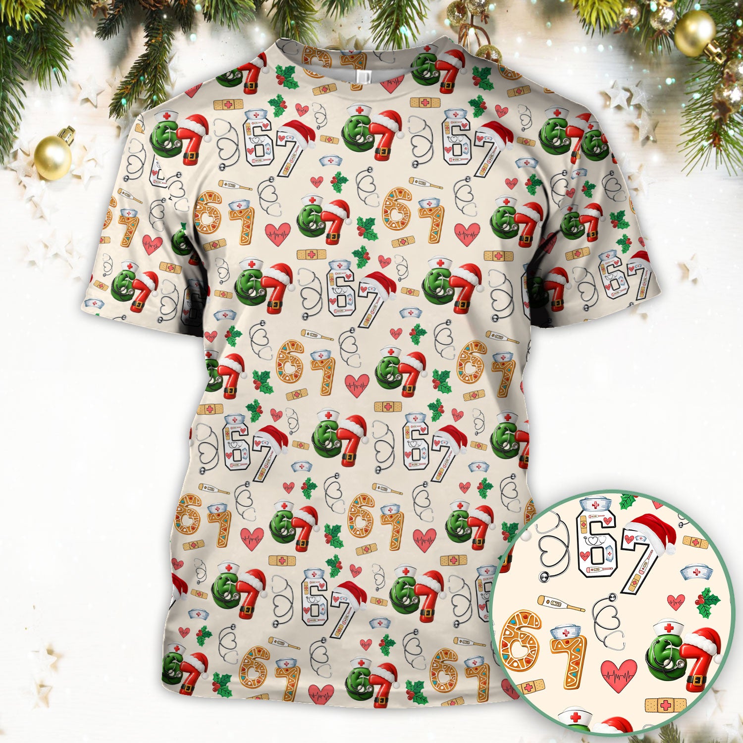 Christmas Nurse 67 Pattern Scrub Top, Cute Holiday Medical Shirt With Santa Hat, Uniform For Nursing