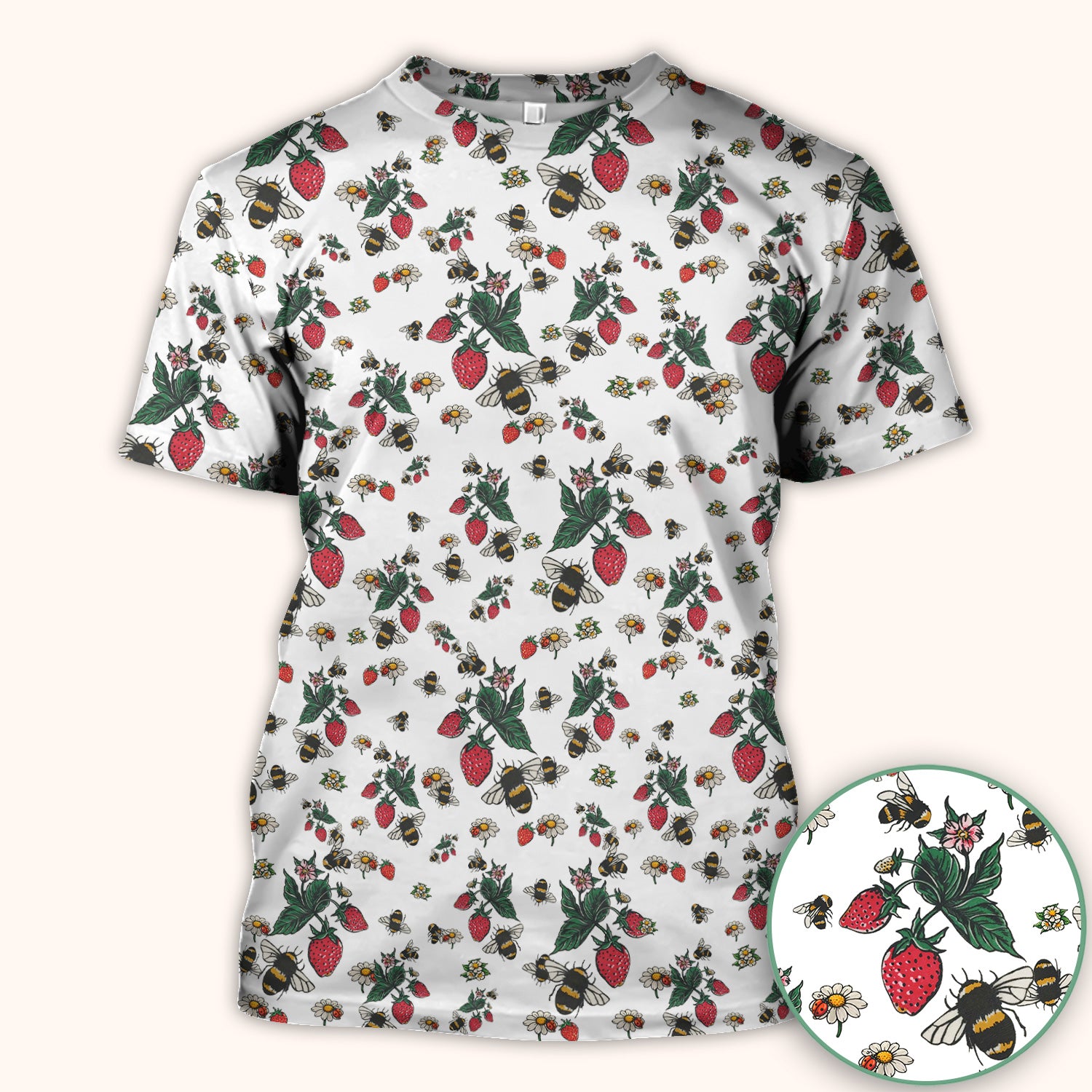 Cute Strawberry Bee Daisy Floral Pattern Scrub Top, Comfortable Scrubs for Nurses