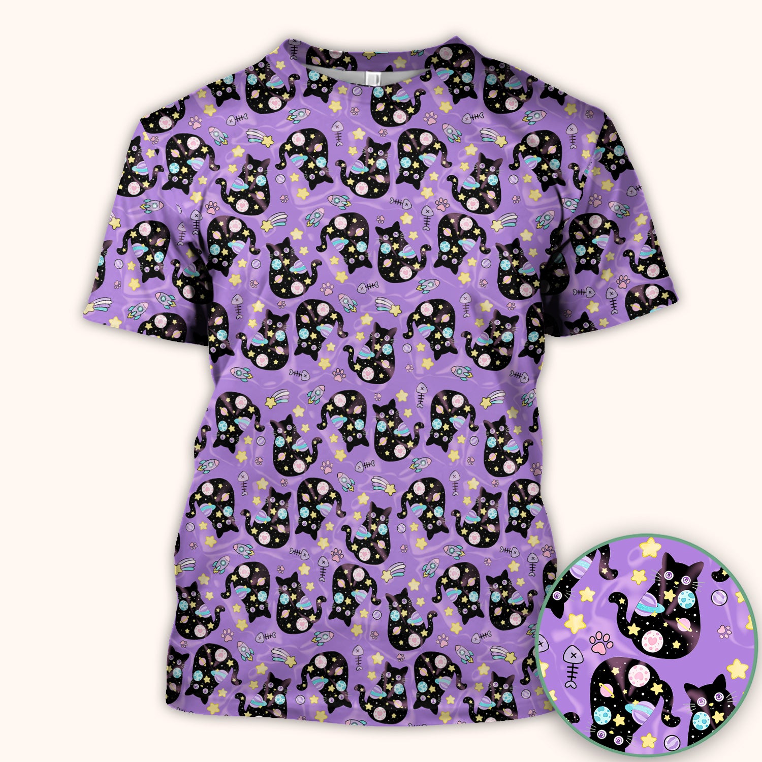 Galaxy Black Cat Space Pattern Scrub Top, Breathable Fabrics Nursing Uniform