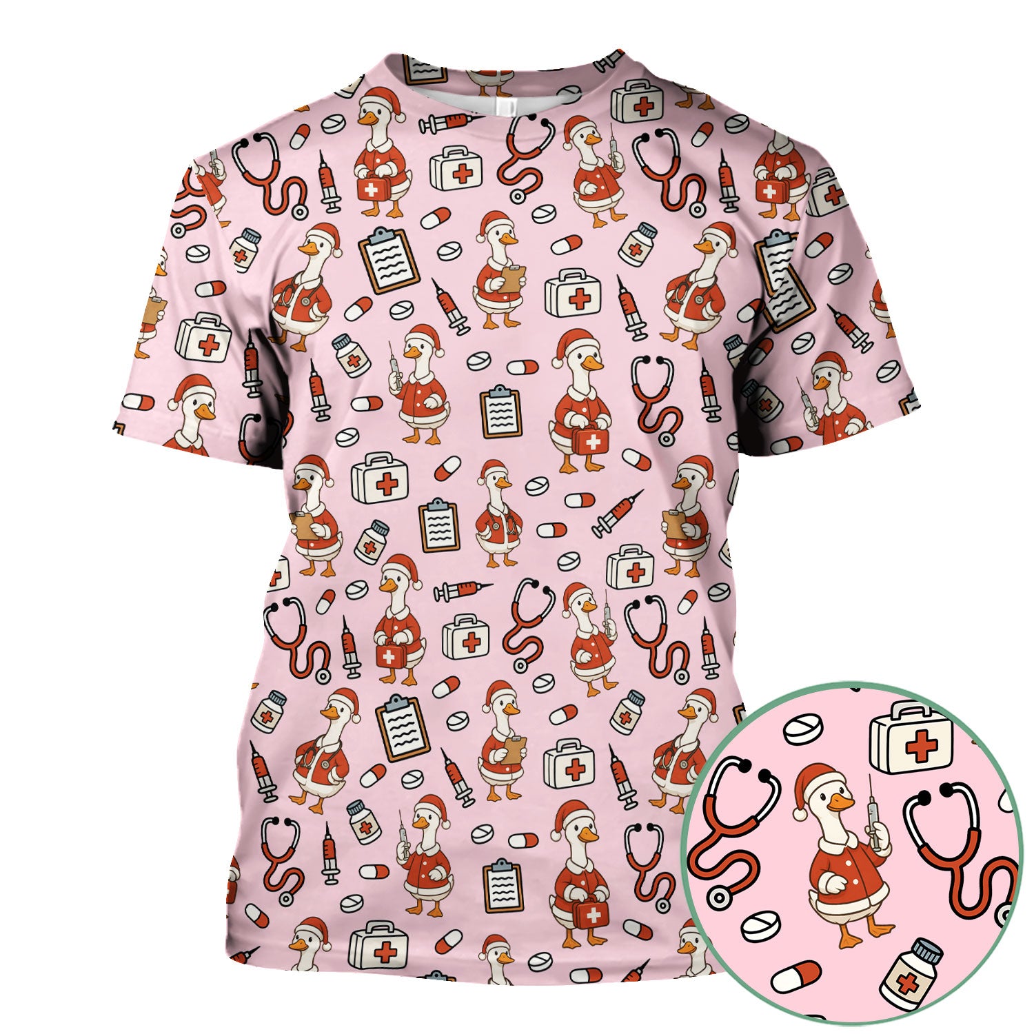 Christmas Nurse Scrub Top - Funny Santa Duck Print Scrubs for Women & Men - Holiday Medical Shirt for RN CNA Doctor, Cute Xmas Gift Idea