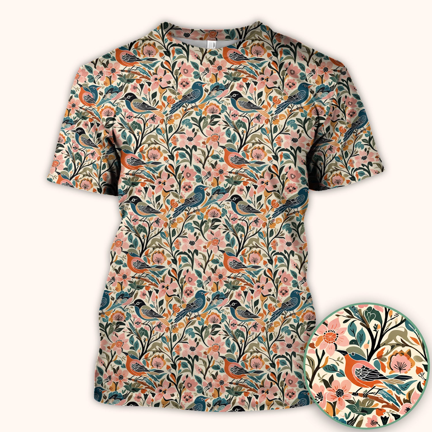 Folk Art Songbird Floral Pattern Scrub Top, Comfortable Scrubs for Nurses