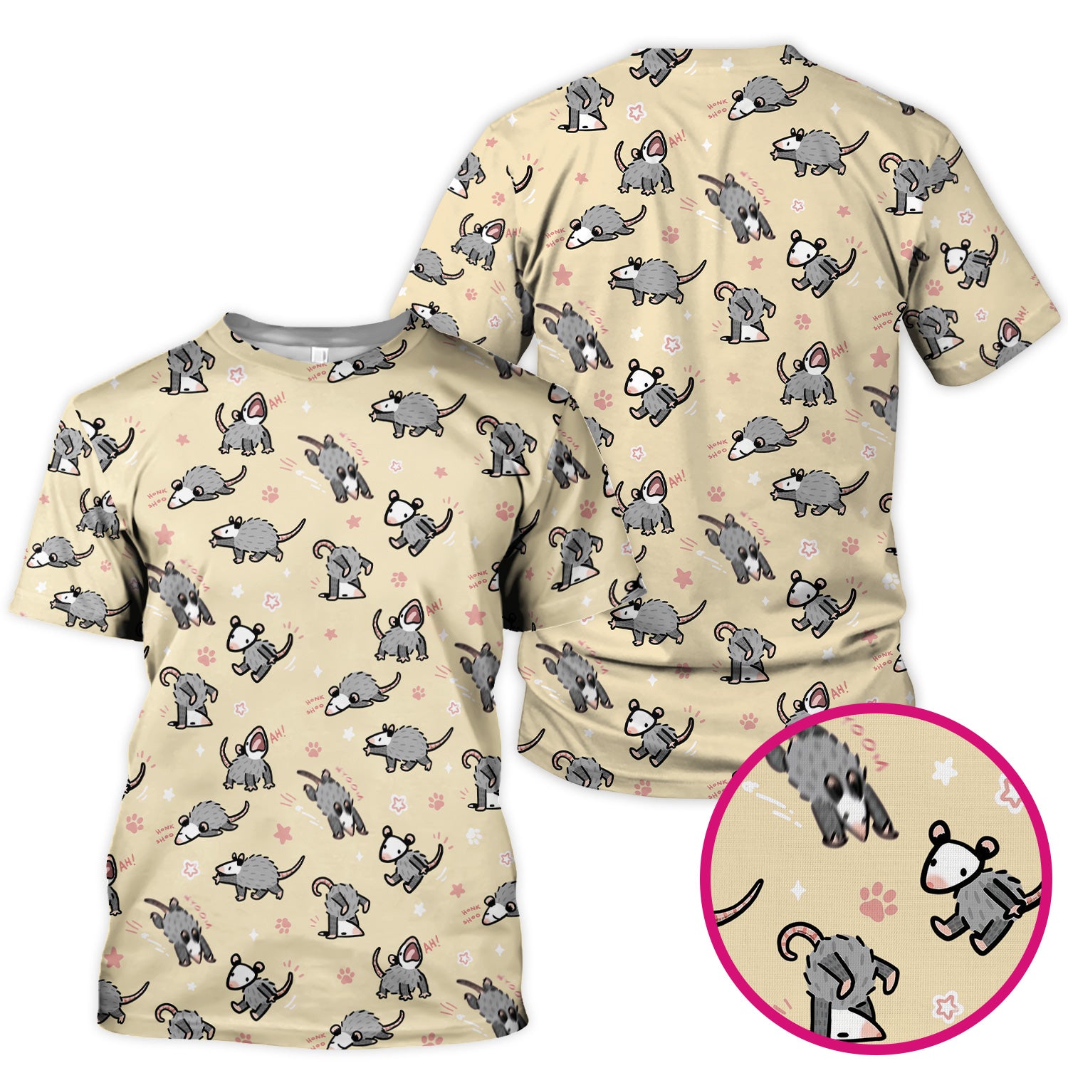 Playful Cartoon Opossum Character Pattern Scrub Top, Breathable Fabrics Nursing Uniform