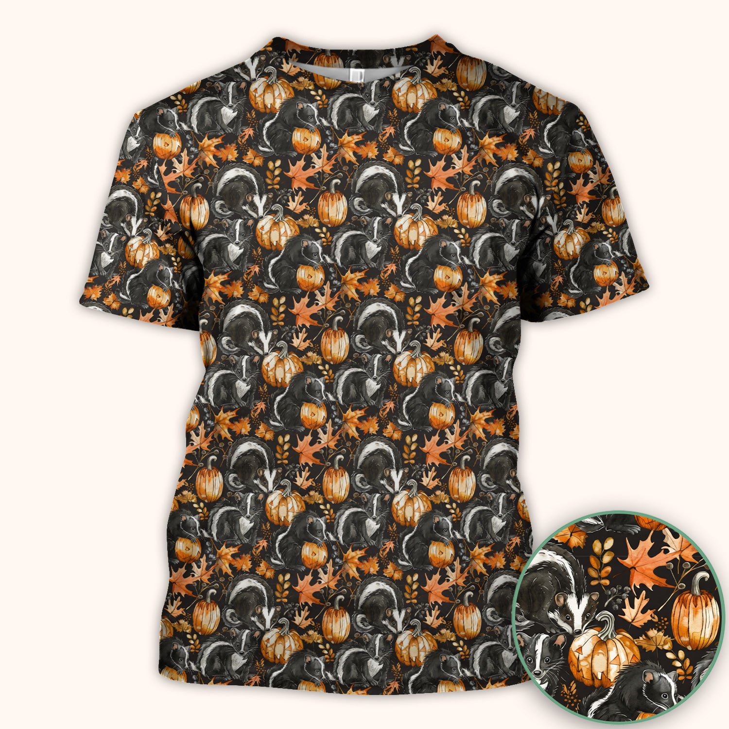 Skunk Pumpkin with Autumn Leaves Pattern Scrub Top, Comfortable Scrubs for Nurses