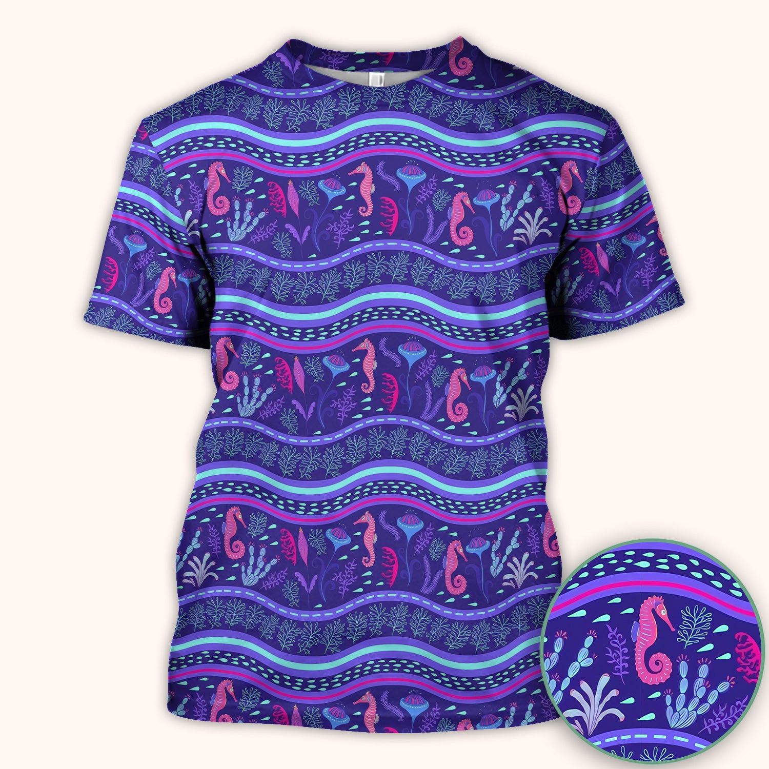 Purple Seahorse Ocean Pattern Scrub Top, Comfortable Scrubs for Nurses
