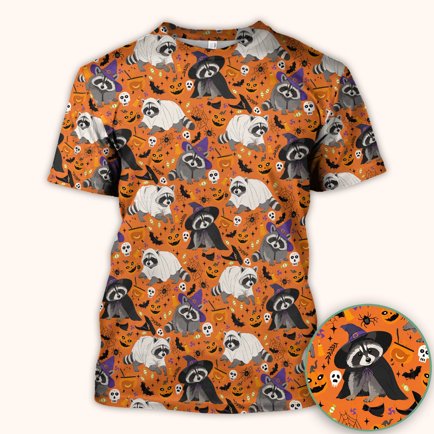 Cute Halloween Raccoon Costumes Print Scrub Top, Comfortable Scrubs for Nurses