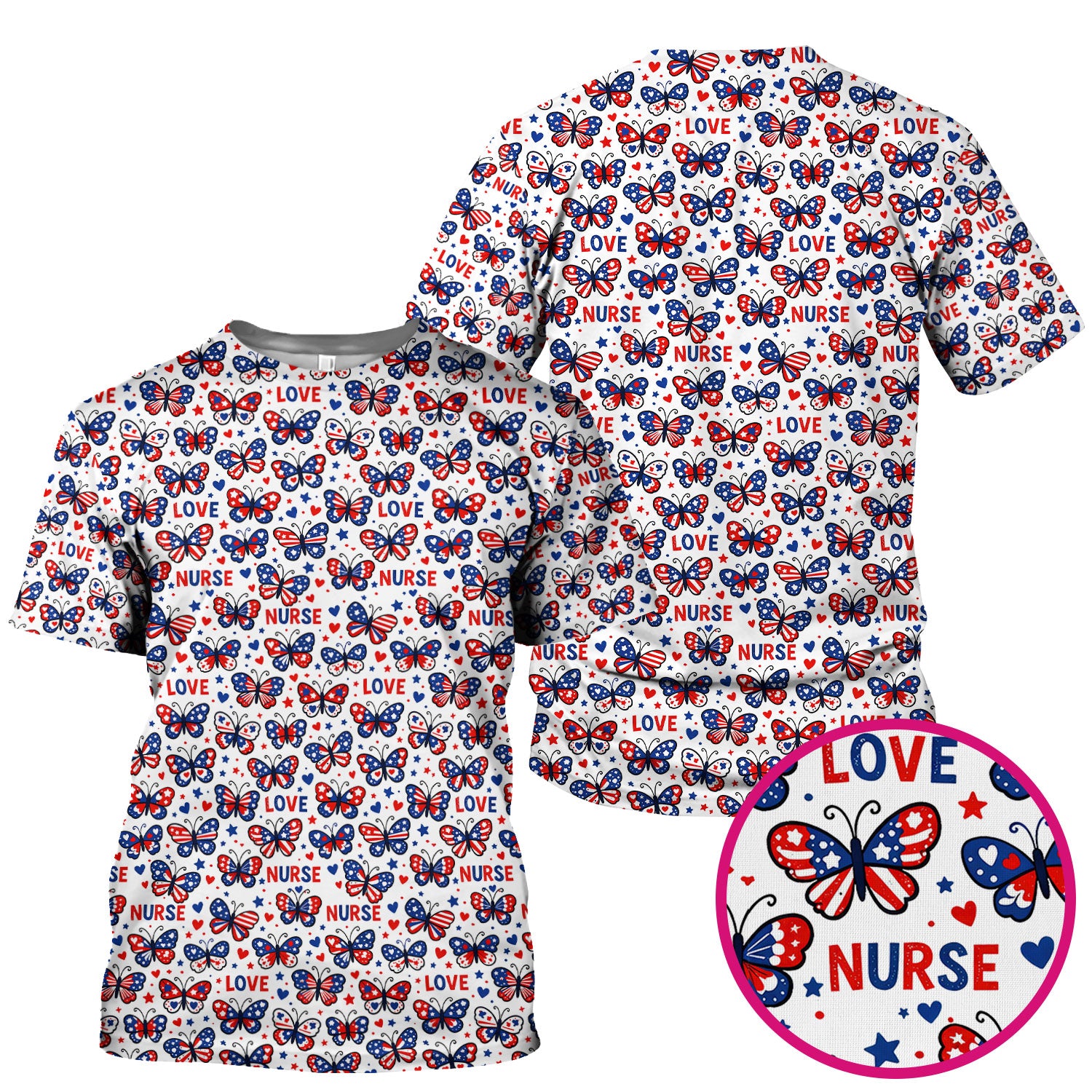 USA Patriotic Butterfly Nurse Scrub Top, Comfortable Uniform Scrubs For Nursing