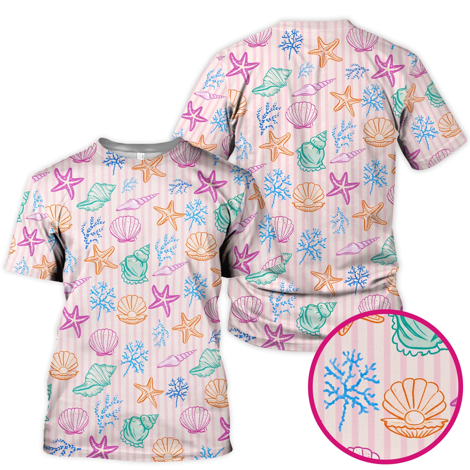 Colorful Seashell Starfish Ocean Stripe Pattern Scrub Top, Breathable Fabrics Nursing Uniform