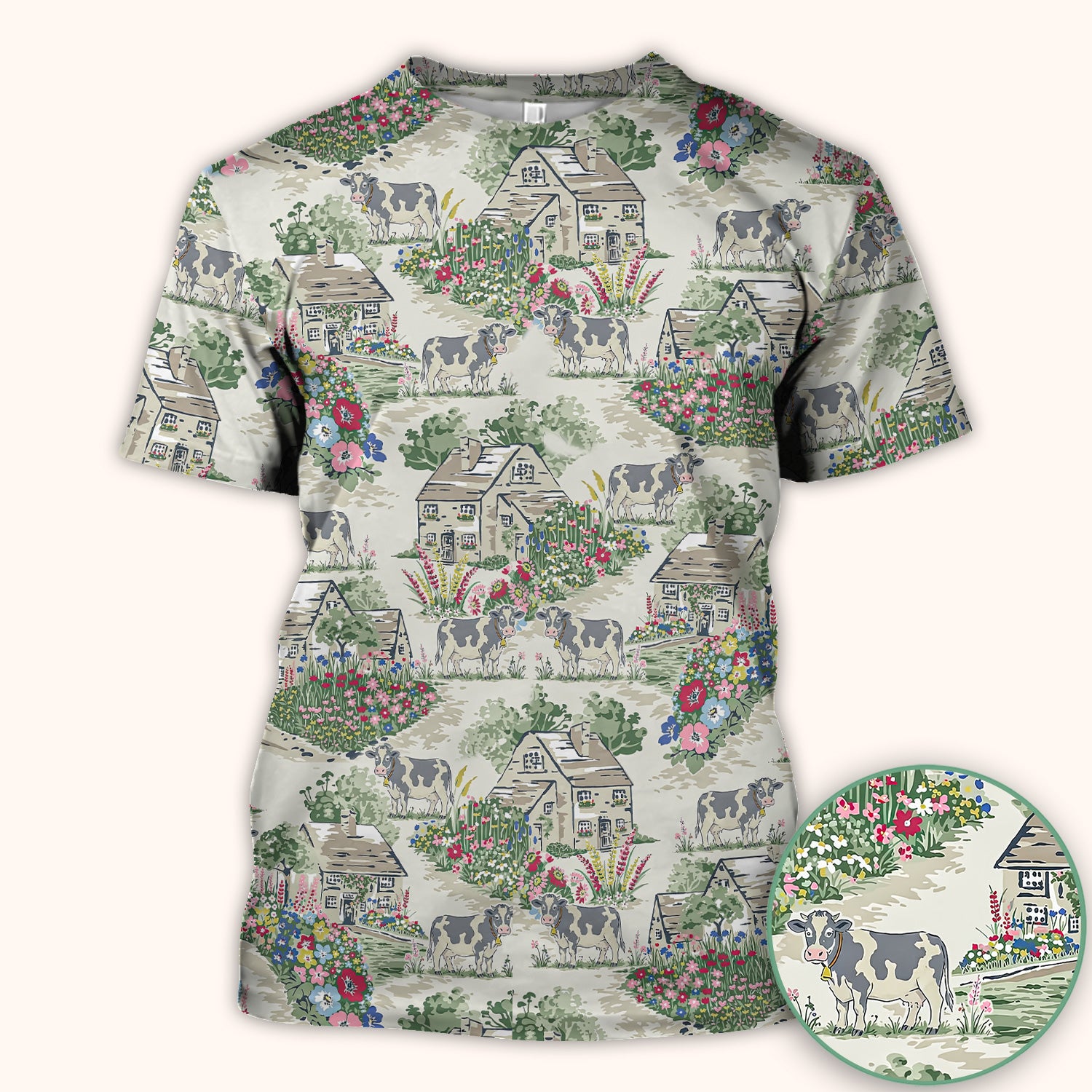 Charming Countryside Cows Cottage Garden Pattern Scrub Top, Comfortable Scrubs for Nurses