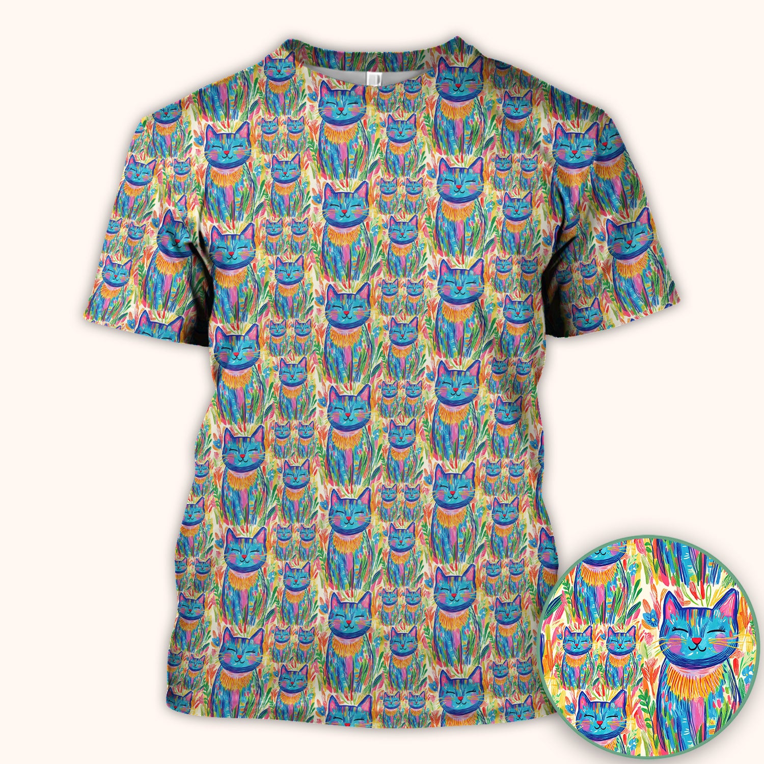 Colorful Rainbow Cat With Floral Brushstroke Scrub Top, Breathable Fabrics Nursing Uniform