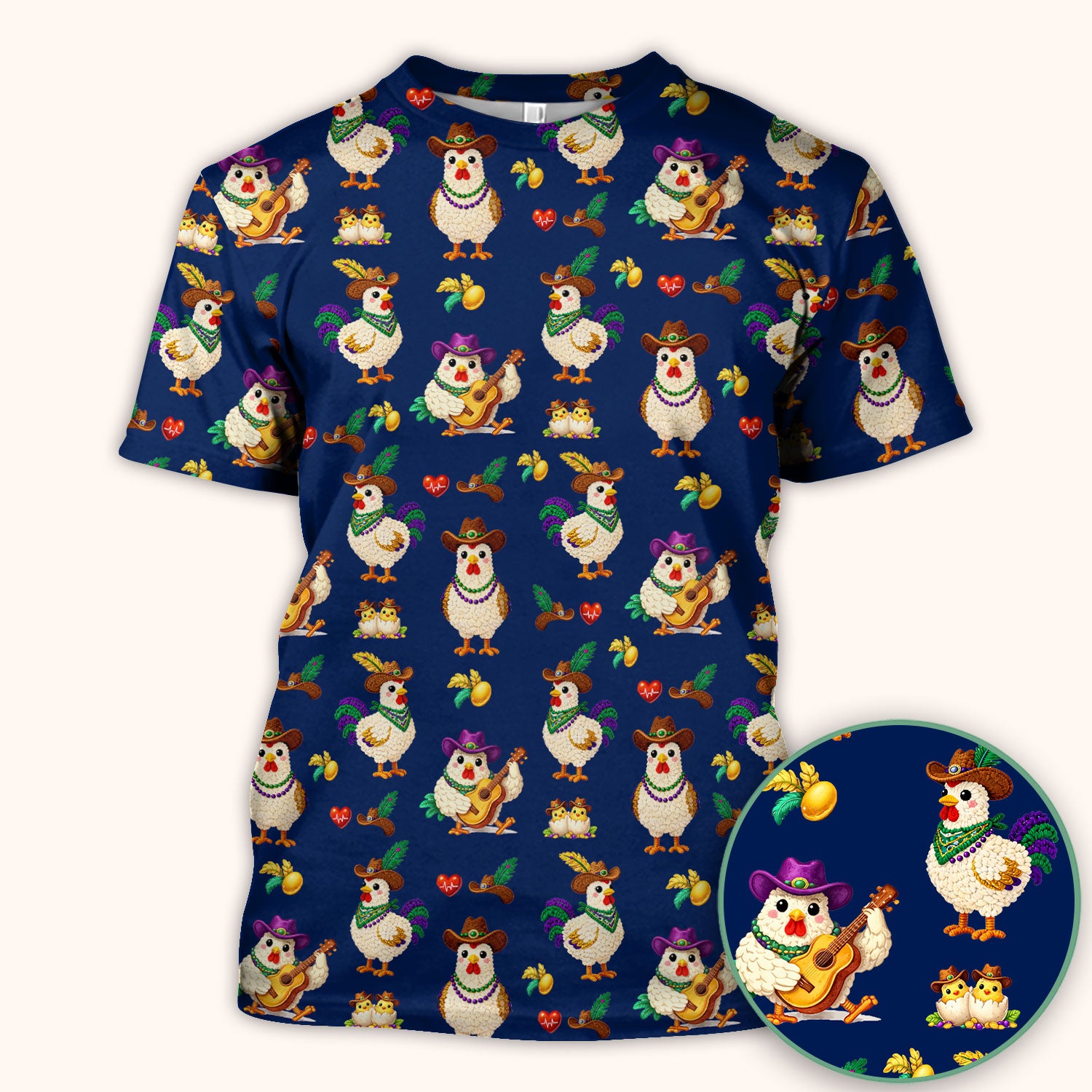 Funny Mardi Gras Rooster Cowboy Print Scrub Top, Comfortable Scrubs for Nurses