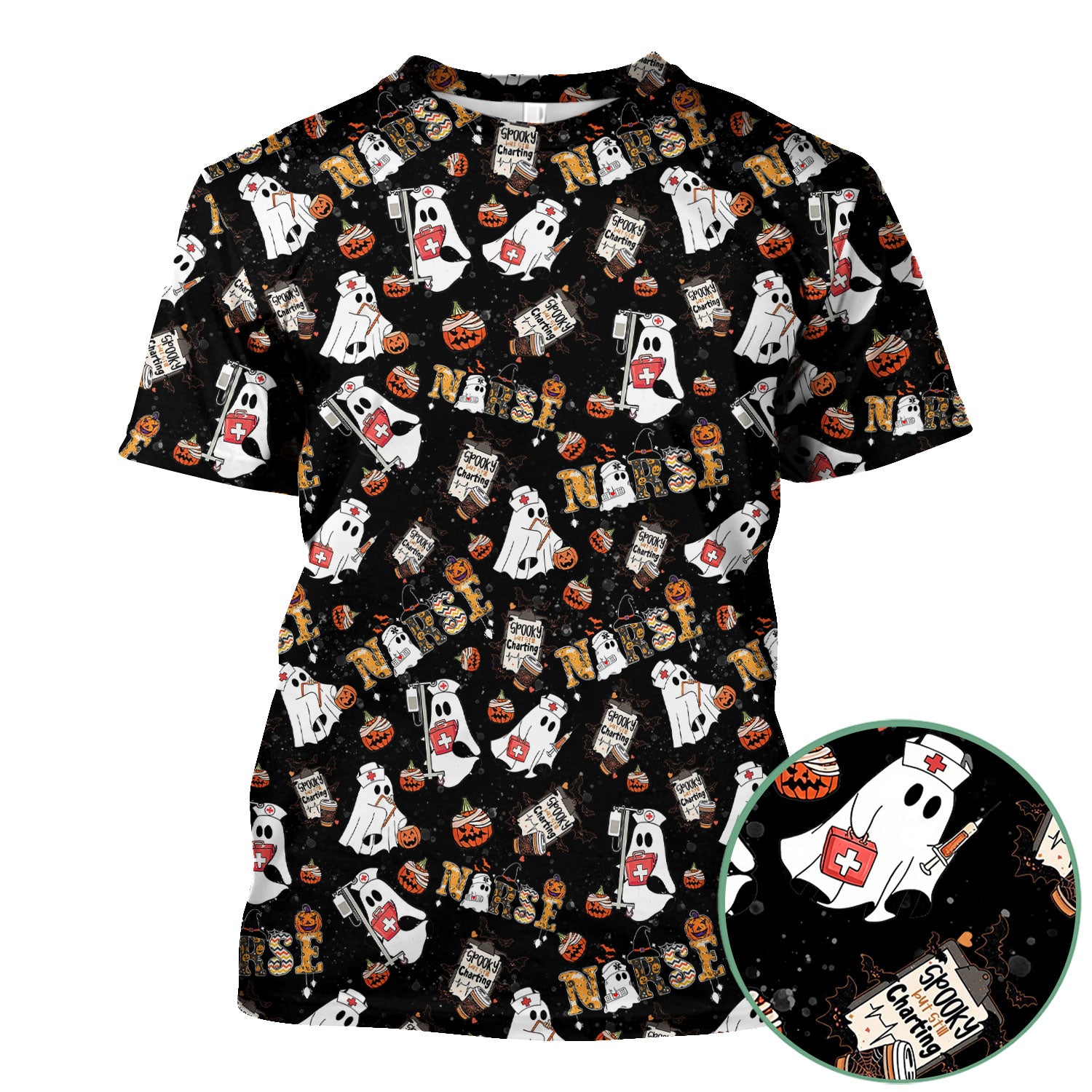 Spooky But Still Charting Halloween Scrub Top - Comfortable Scrubs for Nurses - Funny Boo Pumpkin Nursing Uniform