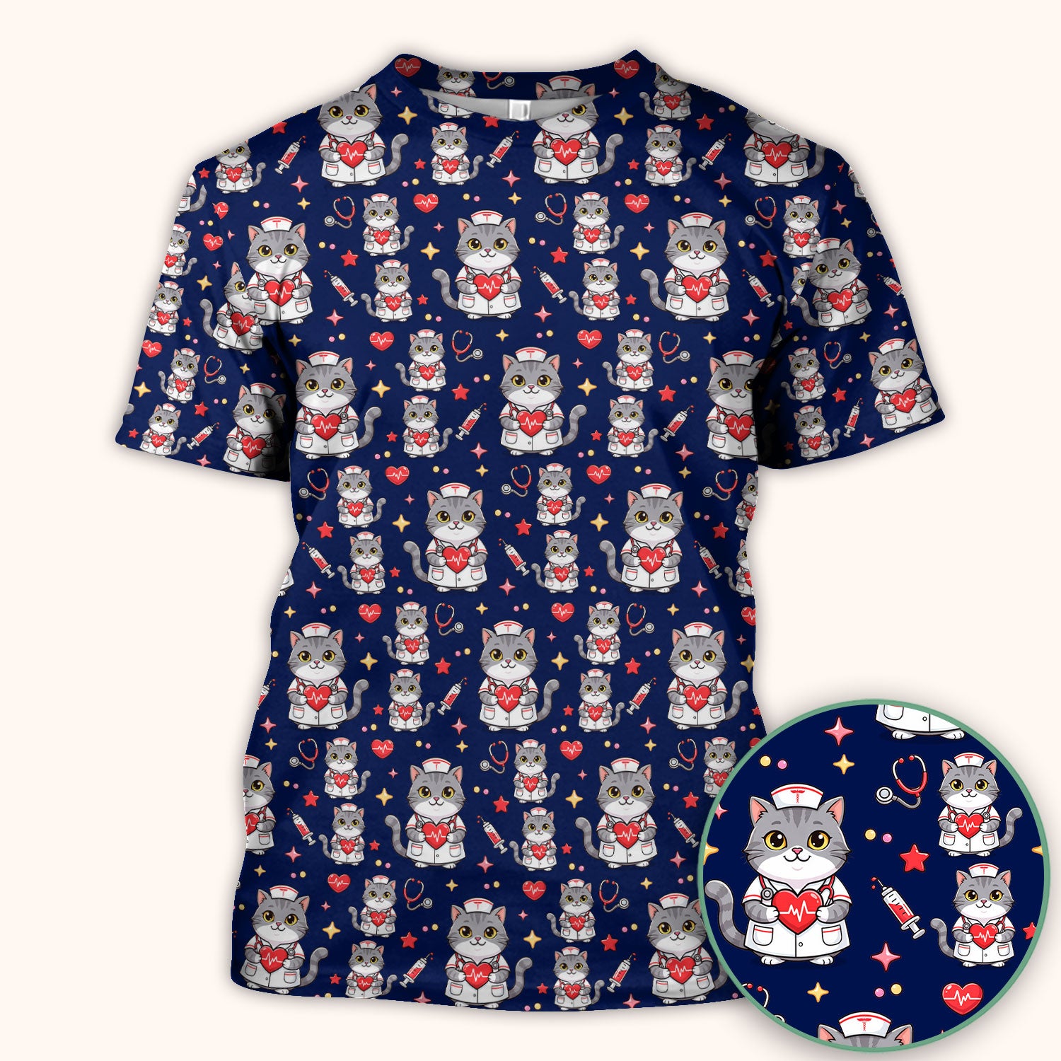 Cute Nurse Cat Heart Medical Print Scrub Top, Comfortable Scrubs for Nurses