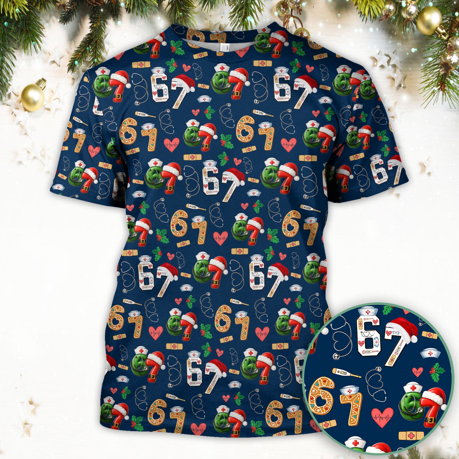 Christmas Nurse 67 Pattern Scrub Top, Cute Holiday Medical Shirt With Santa Hat, Uniform For Nursing