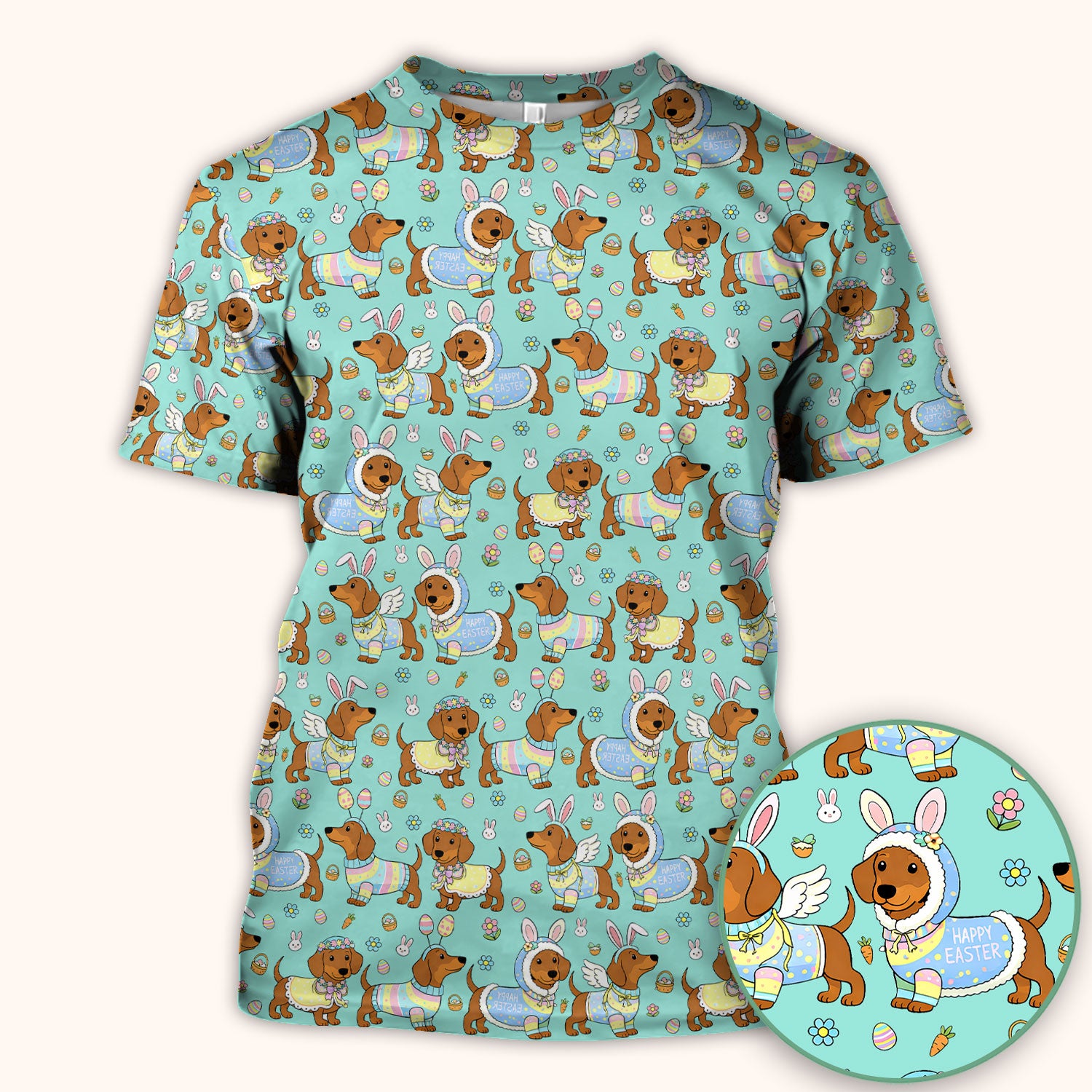 Easter Dachshund Bunny Print Scrub Top, Breathable Fabrics Nursing Uniform