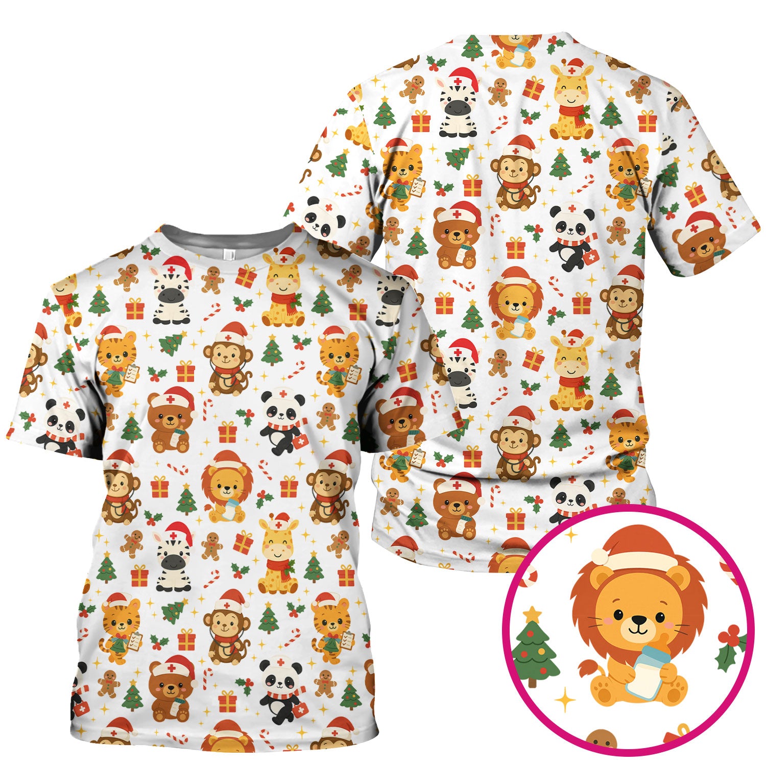 Funny Christmas Nurse Scrub Top - Adorable Safari Animal Pattern - Cute Festive Gift for Women RN LPN CNA