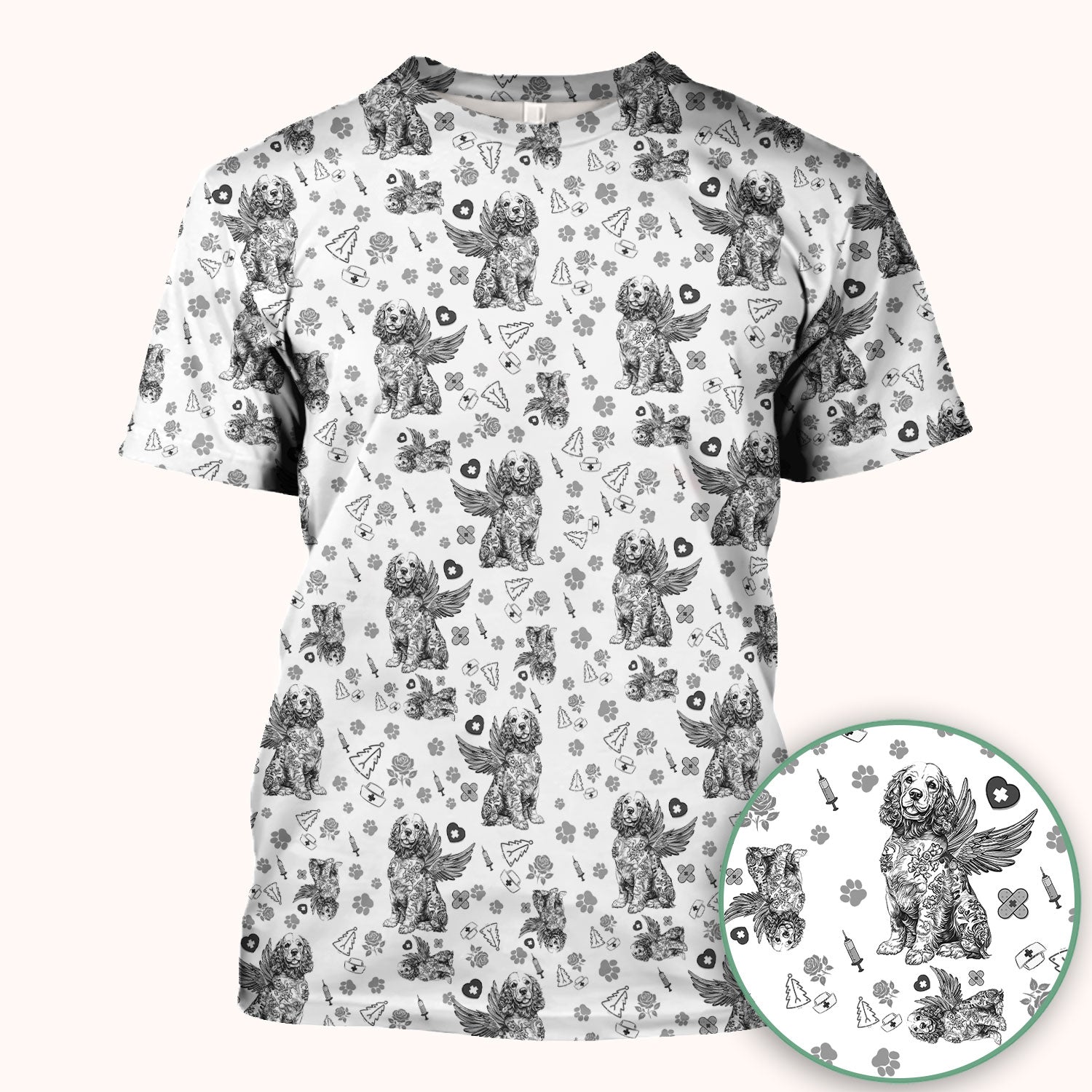 Toile De Jouy Scrubs for Nurses - Angel Puppy Medical Uniform - Floral Dog in Heaven Gift for Women, Vet Techs, RN CNA LPN