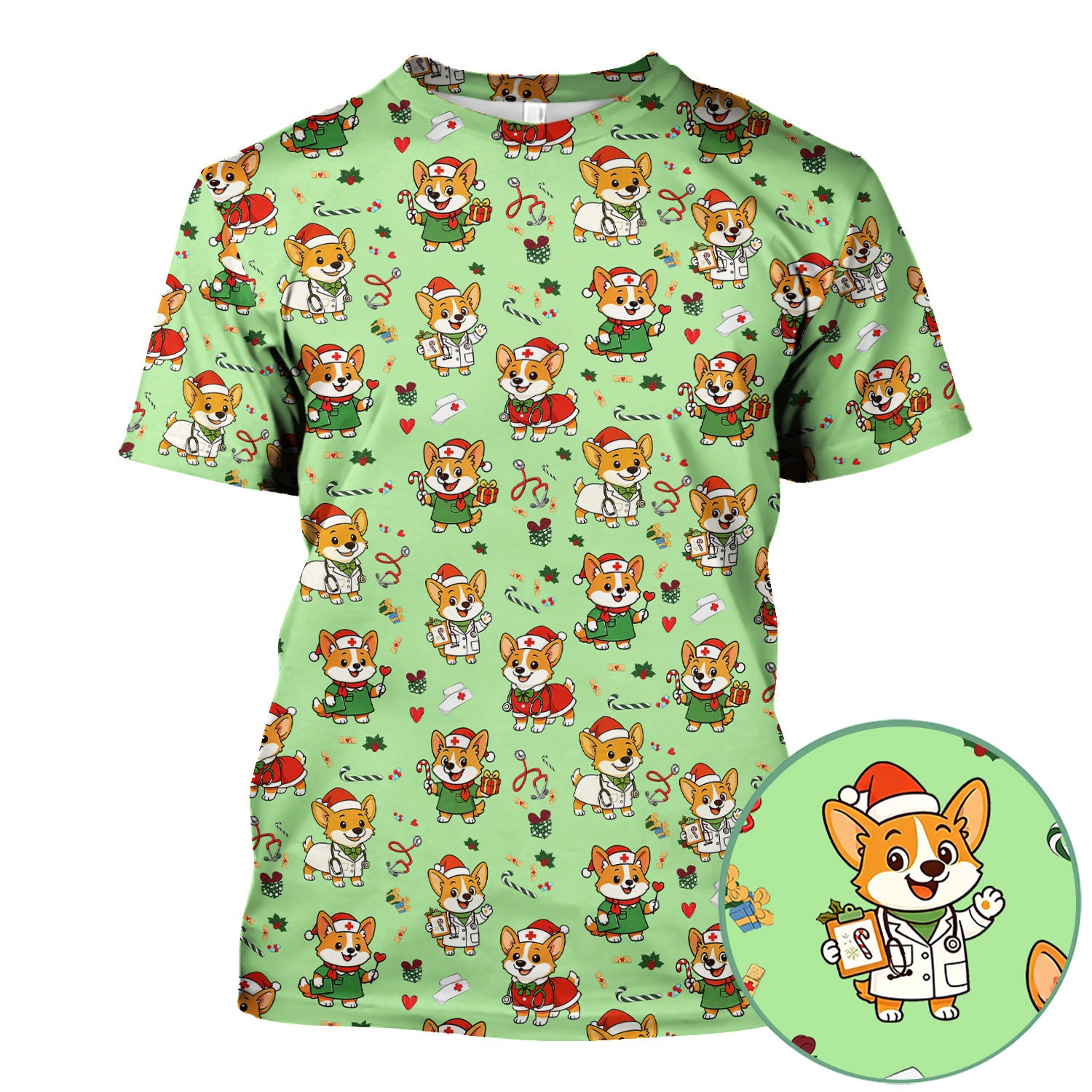 Festive Corgi Christmas Scrub Top - Cute Pet Nurse Shirt - Funny Holiday Medical Uniform for Women RN CNA LPN Gift
