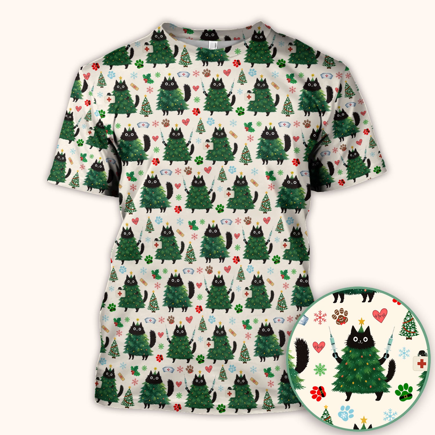 Christmas Nurse Scrub Top, Xmas Black Cat Pattern Nurse Shirt,  Breathable Fabrics Nursing Uniform
