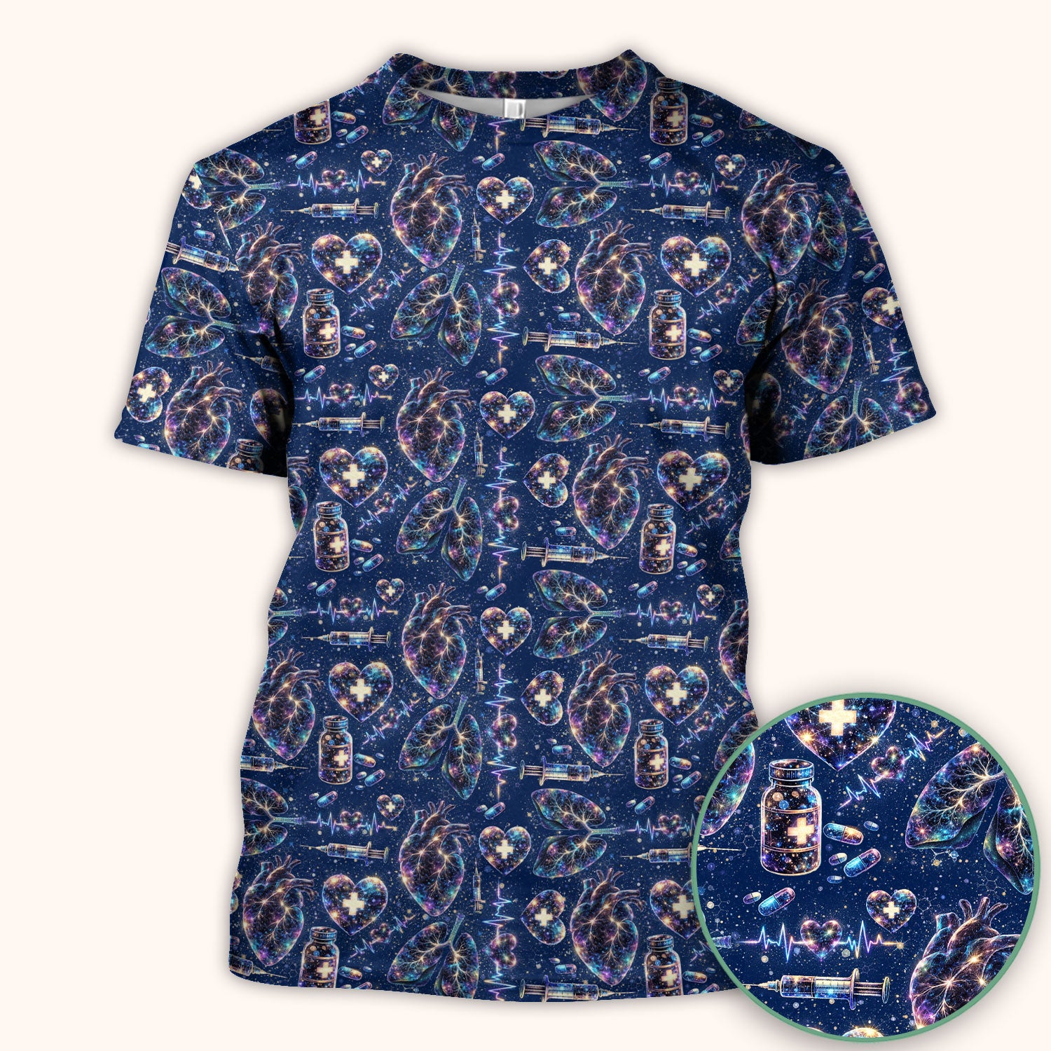 Galaxy Anatomical Heart Lung Syringe Print Scrub Top, Breathable Fabrics Nursing Uniform