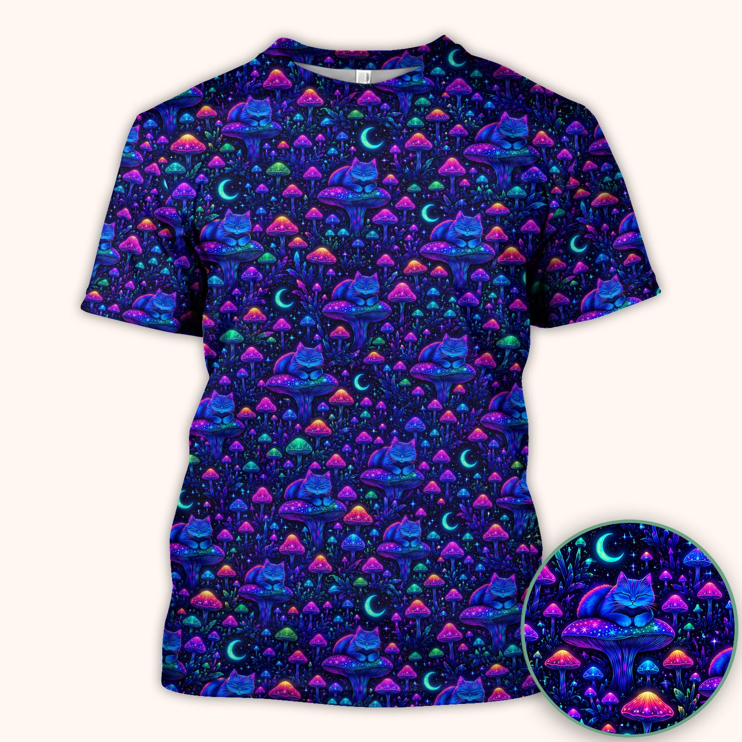 Neon Mushroom Cat Galaxy Scrub Top, Psychedelic Night Forest Nursing Uniform