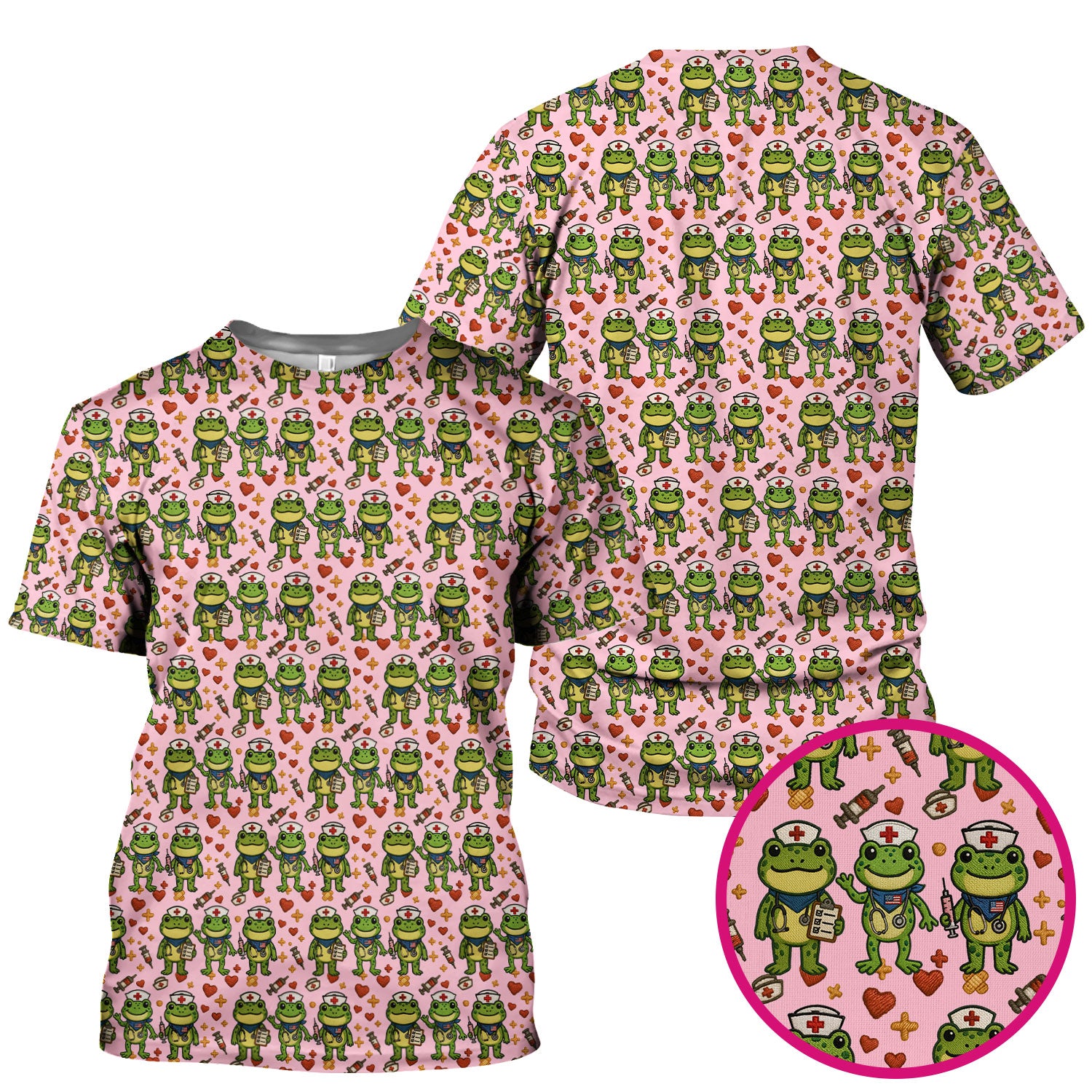 Frog Pattern Scrub Top, Cute Frog Scrub Shirt, Breathable Fabrics Nursing Uniform