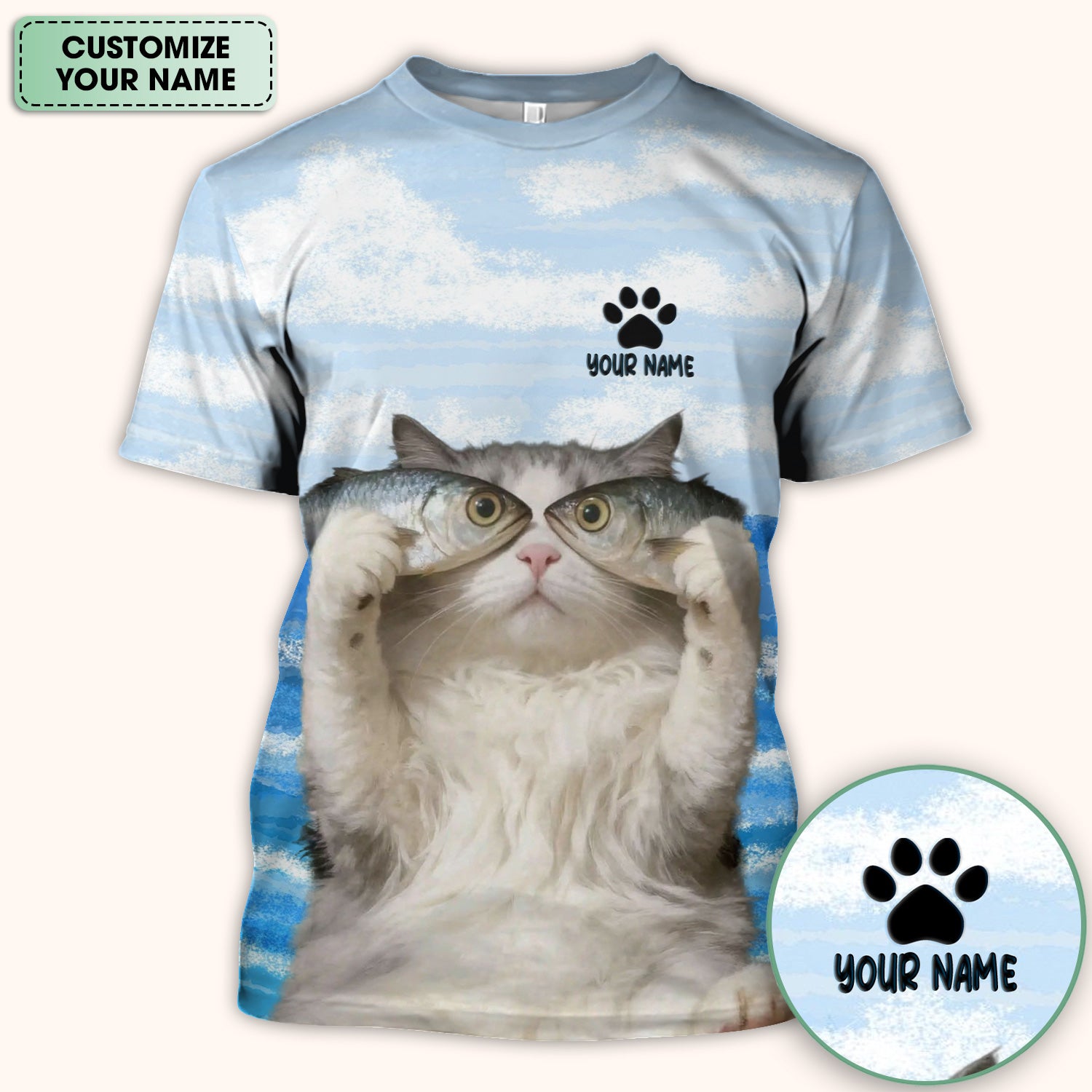 Personalized Cat Holding Fish Pattern Nurse Scrub Top, Comfortable Scrubs for Nurses