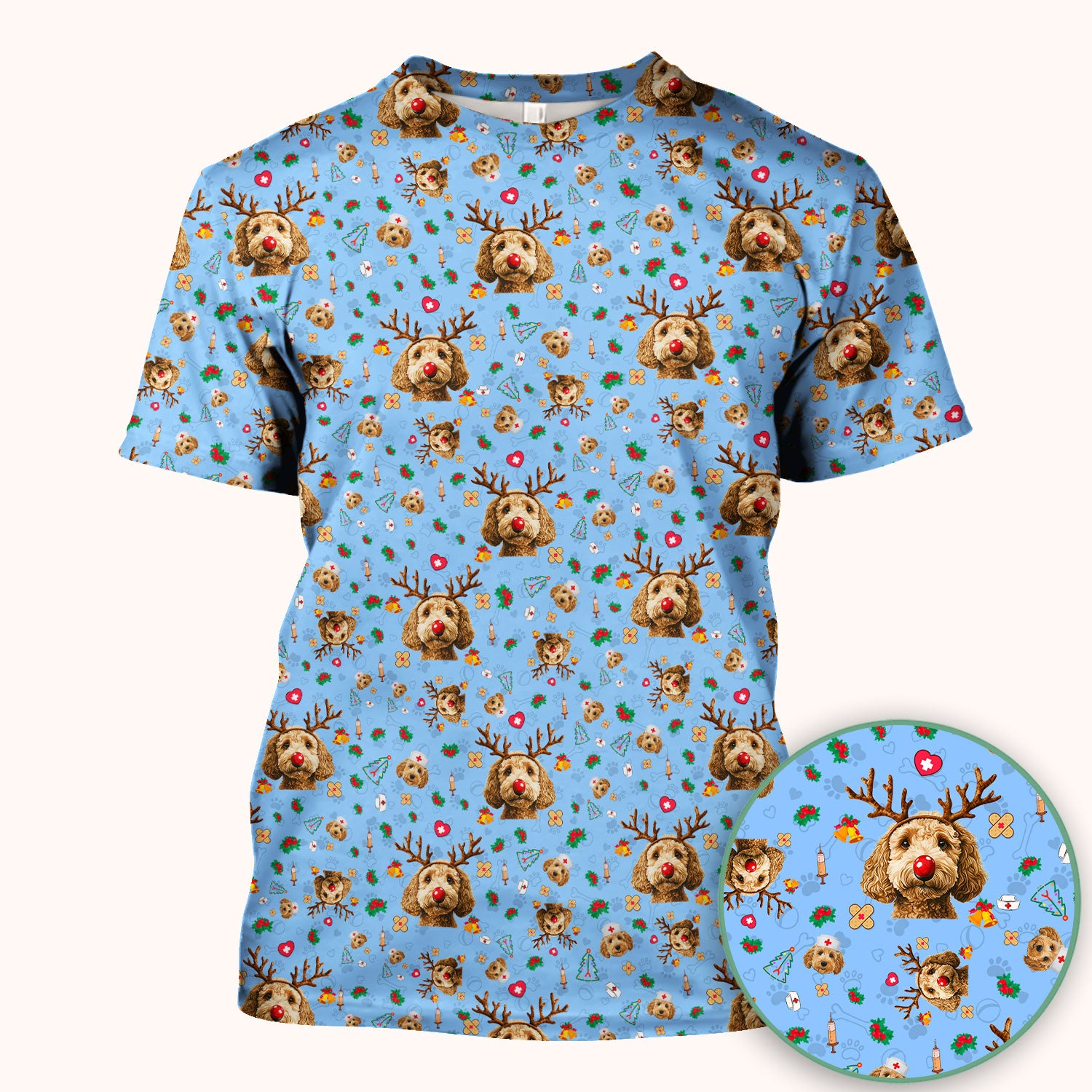 Labradoodle Reindeer Christmas Scrub Top - Funny Dog Nurse Shirt - Cute Holiday Medical Uniform for Women RN LPN CNA Gift