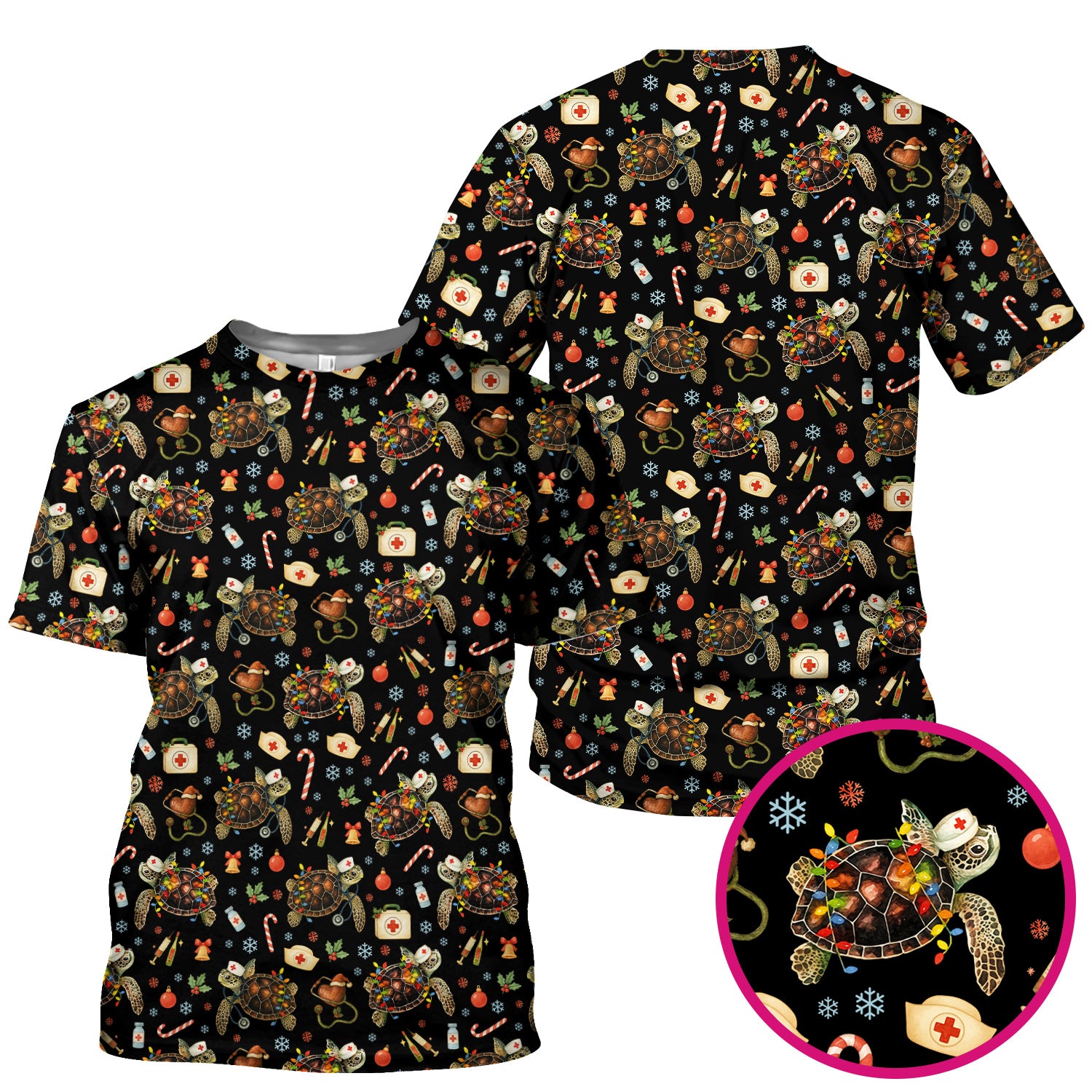 Funny Christmas Scrub Top - Sea Turtle with Xmas Lights Shirt - Holiday Nurse Scrubs for Women