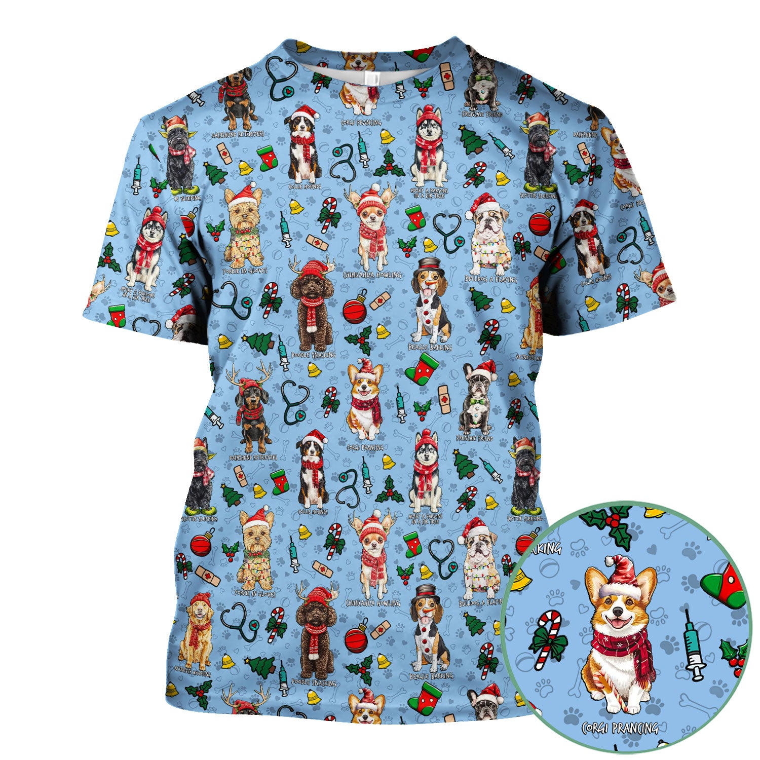 Christmas Dog Scrubs for Nurses – Dachshund, Husky, Poodle, Corgi & Labrador Holiday Scrub Top – Funny Santa Pattern Medical Shirt