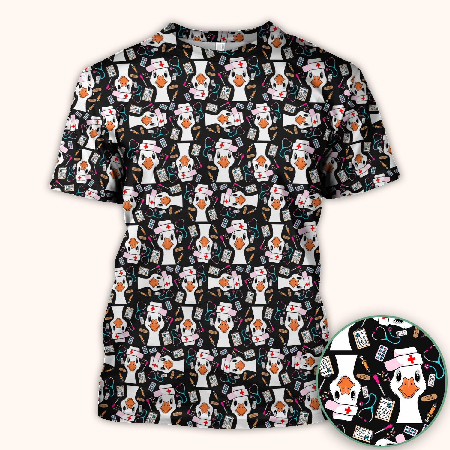 Duck Wearing Hat With Medical Tools Scrub Top, Breathable Fabrics Nursing Uniform