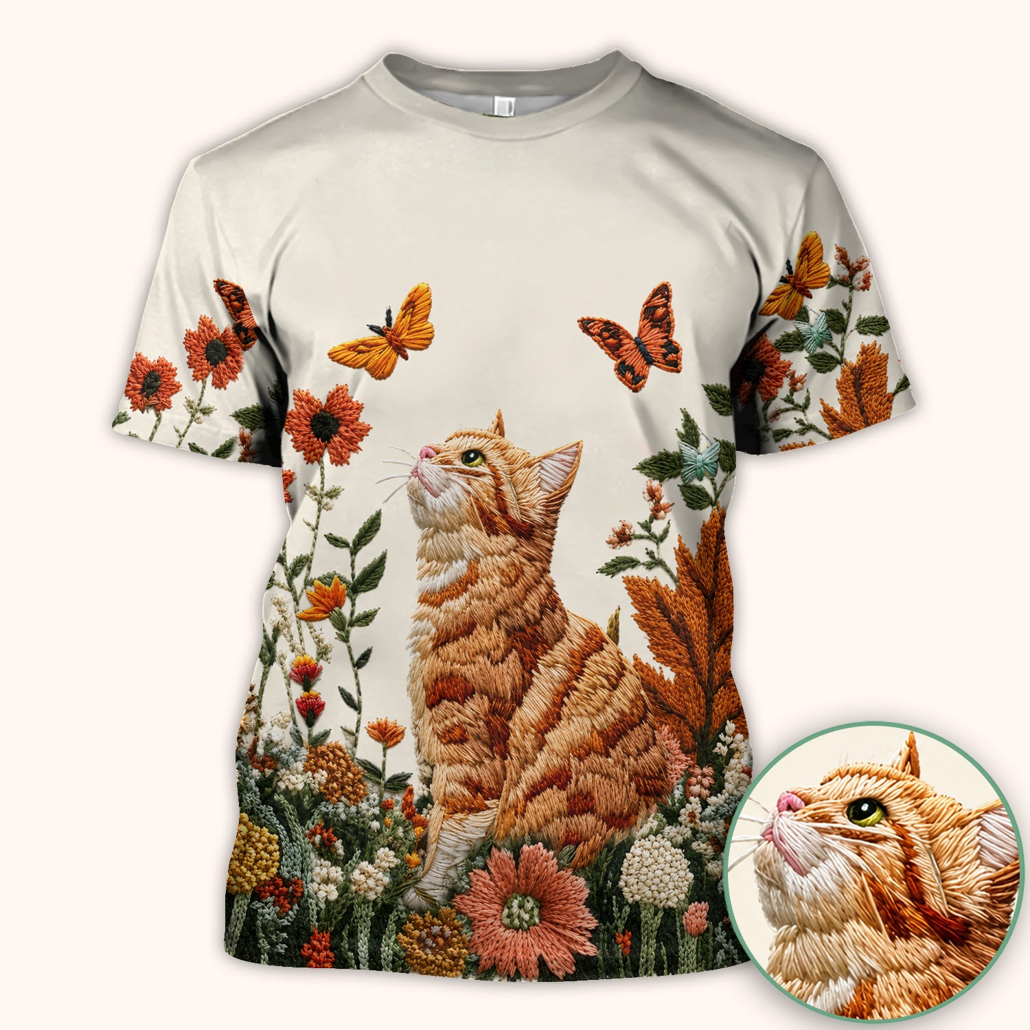 Embroidered Orange Cat Wildflower Pattern Scrub Top, Comfortable Scrubs for Nurses