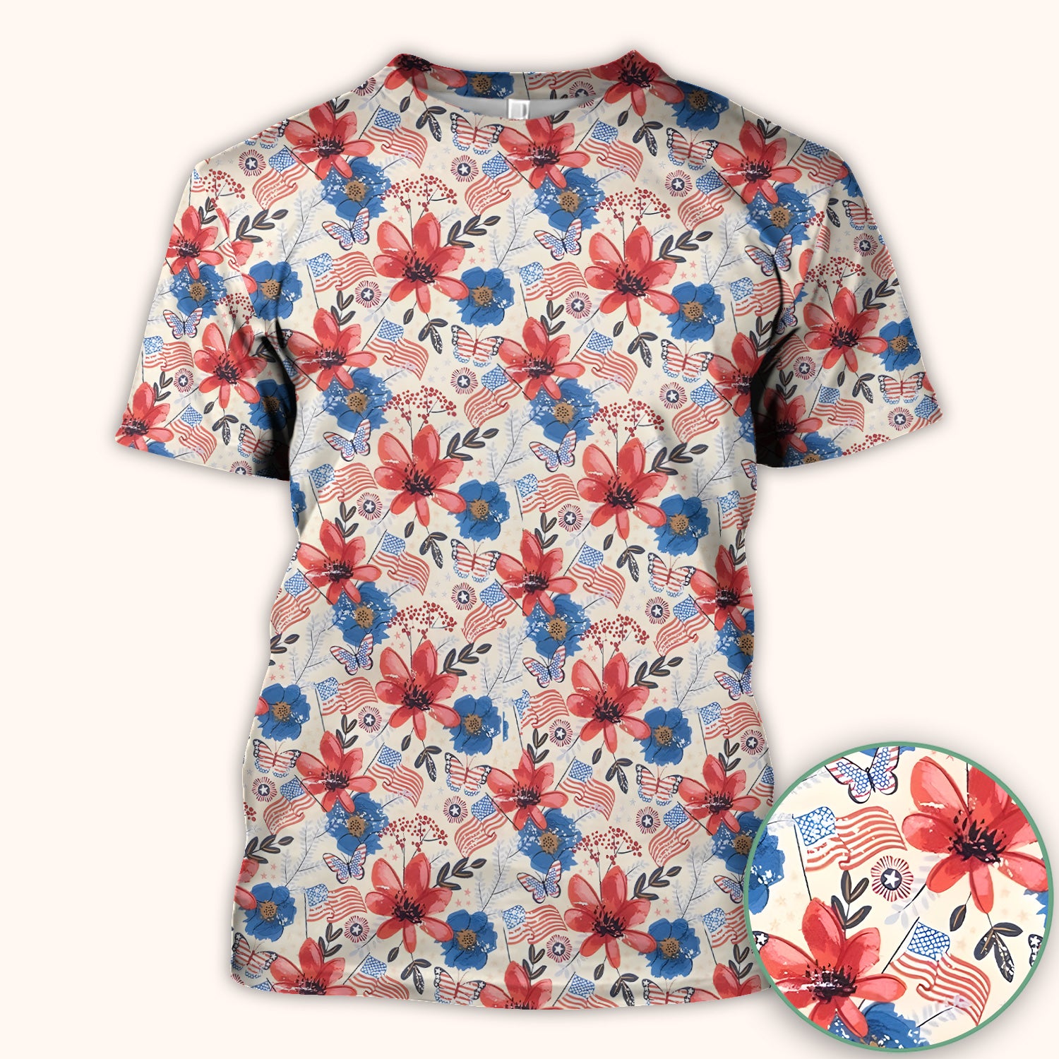 Patriotic Wildflower Flag Butterfly Pattern Scrub Top, Comfortable Scrubs for Nurses
